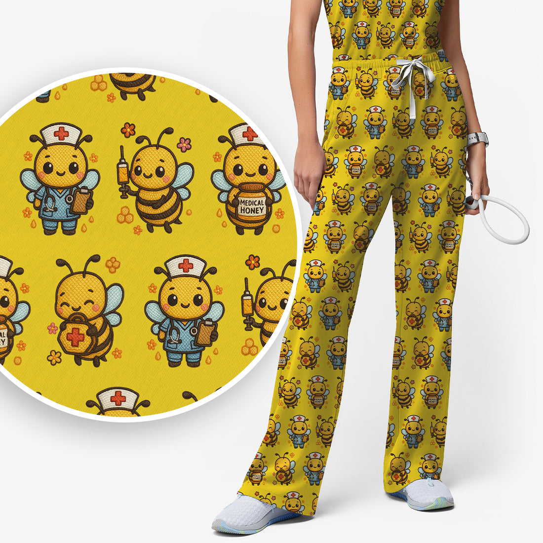 Cute Nurse Bee Scrub Set, Kawaii Medical Honey Bee Pattern Shirt for Nursing Professionals