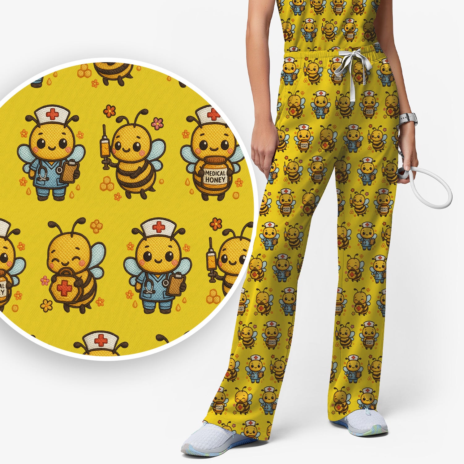 Cute Nurse Bee Scrub Set, Kawaii Medical Honey Bee Pattern Shirt for Nursing Professionals