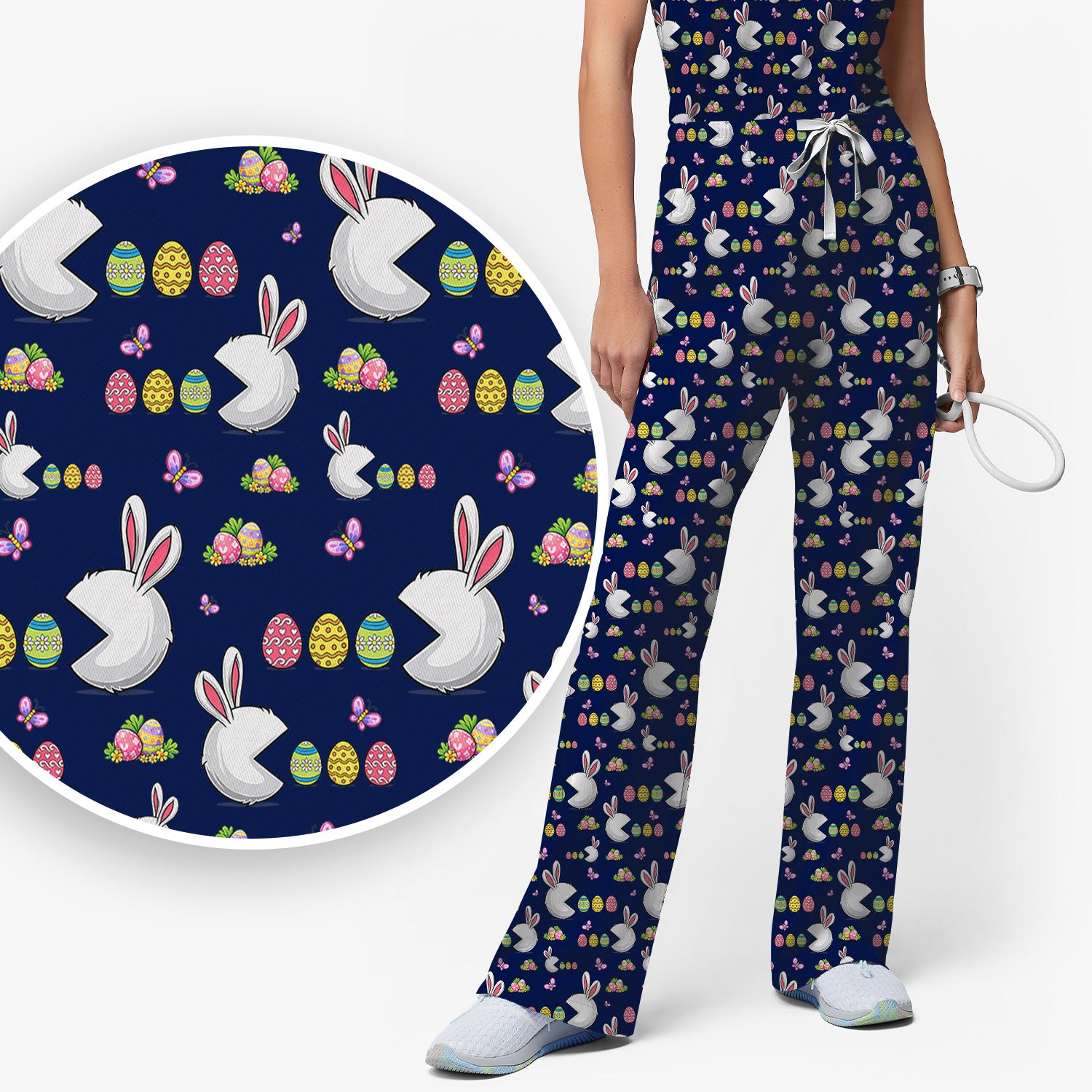 Easter Bunny and Colorful Eggs Print Scrub Set, Breathable Med Uniform