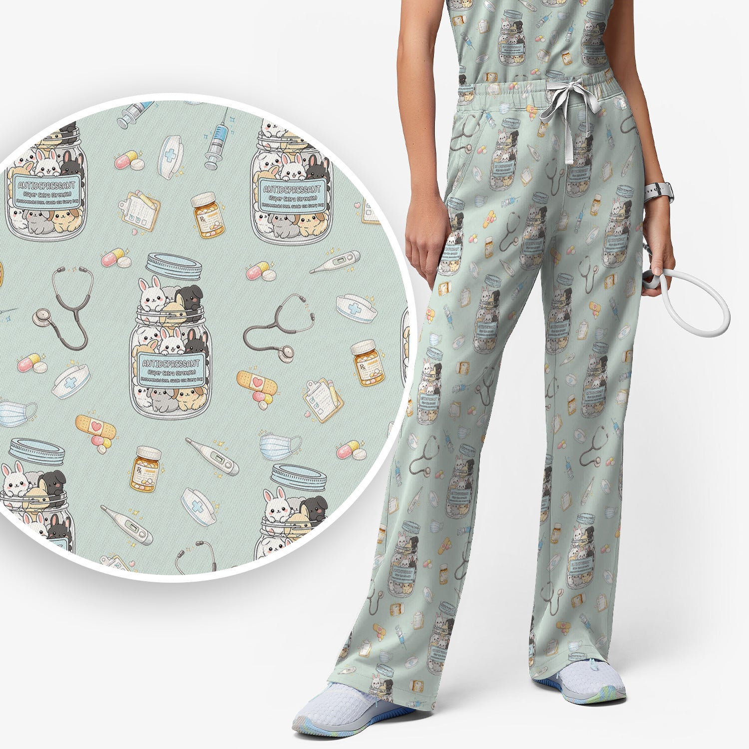 Whimsical Antidepressant Rabbit Jar Design Scrub Set, Scrub Pants and V-Neck Top