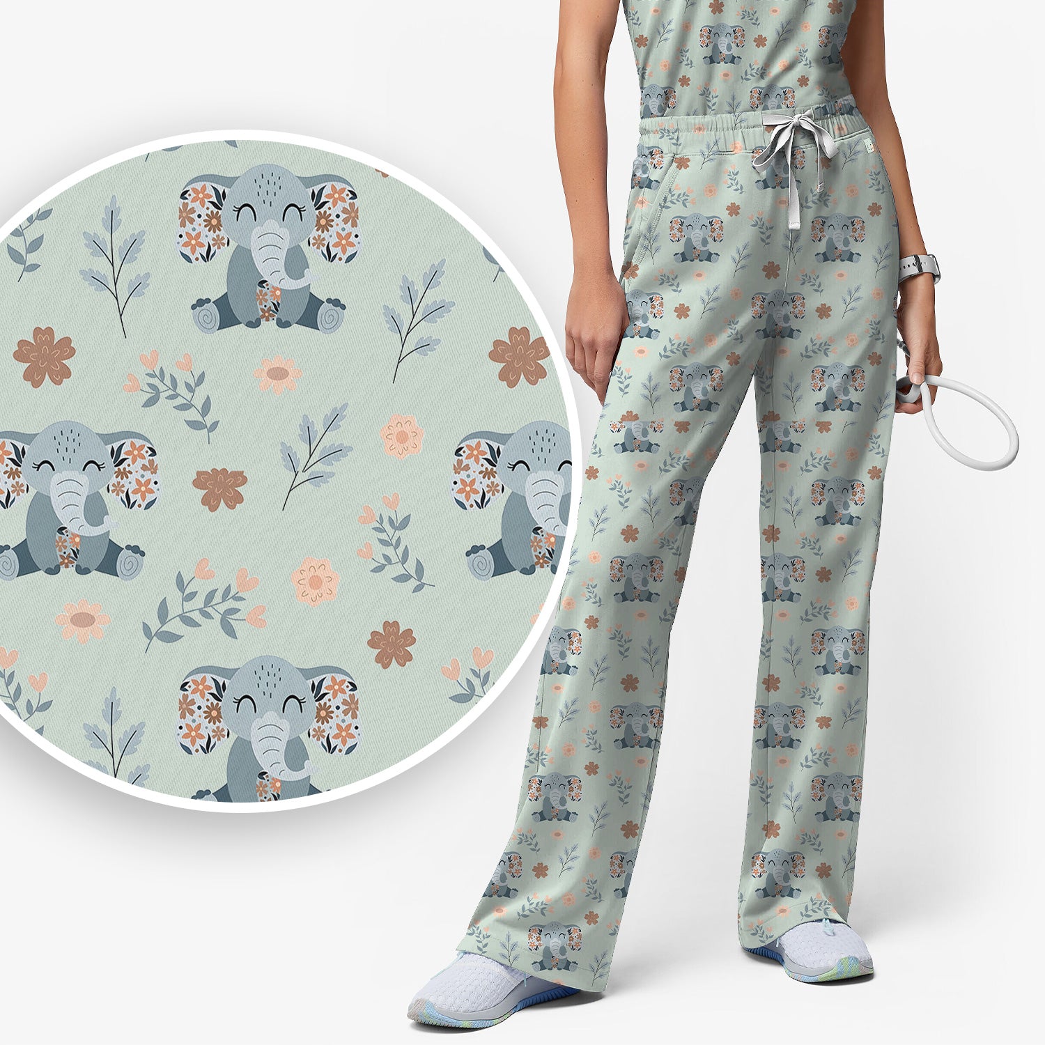 Cute Elephant Floral Print Scrub Set, Scrub Pants and V Neck Top