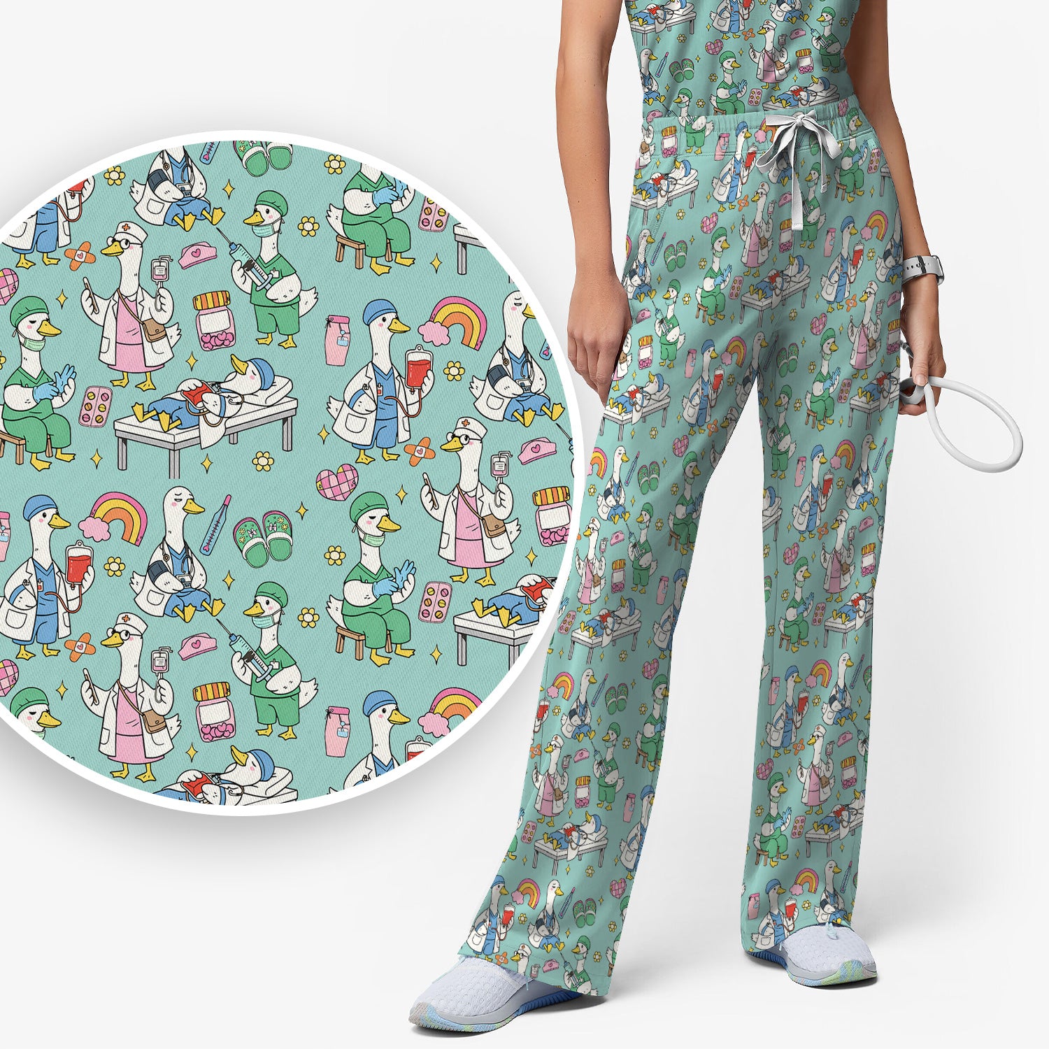Funny Nurse Duck Medical Doodle Pattern Scrub Set, Scrub Pants and V Neck Top