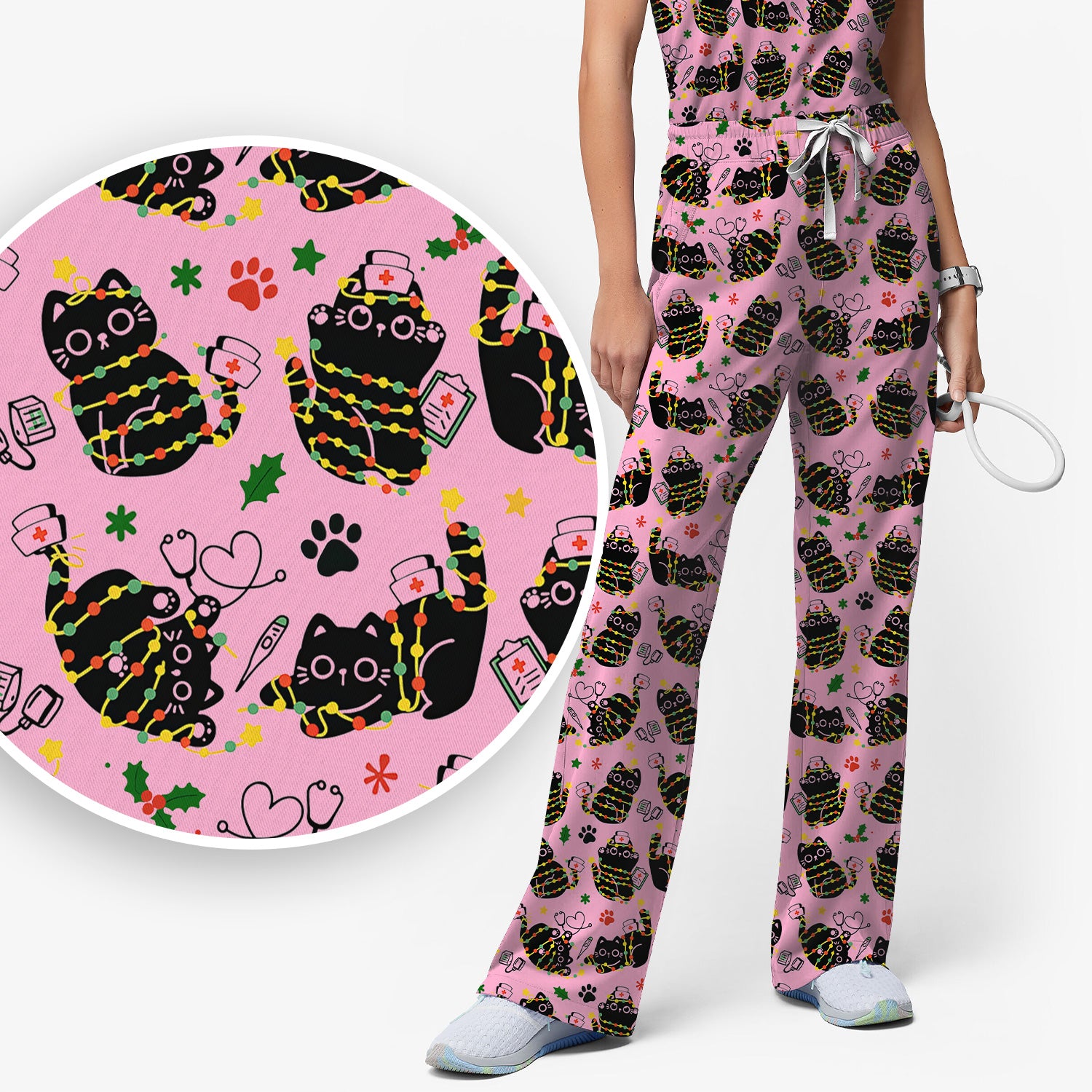 Black Cat Christmas Scrub Set – Nurse & Holiday Lights Pattern Shirt – Cute Medical Uniform For Nursing