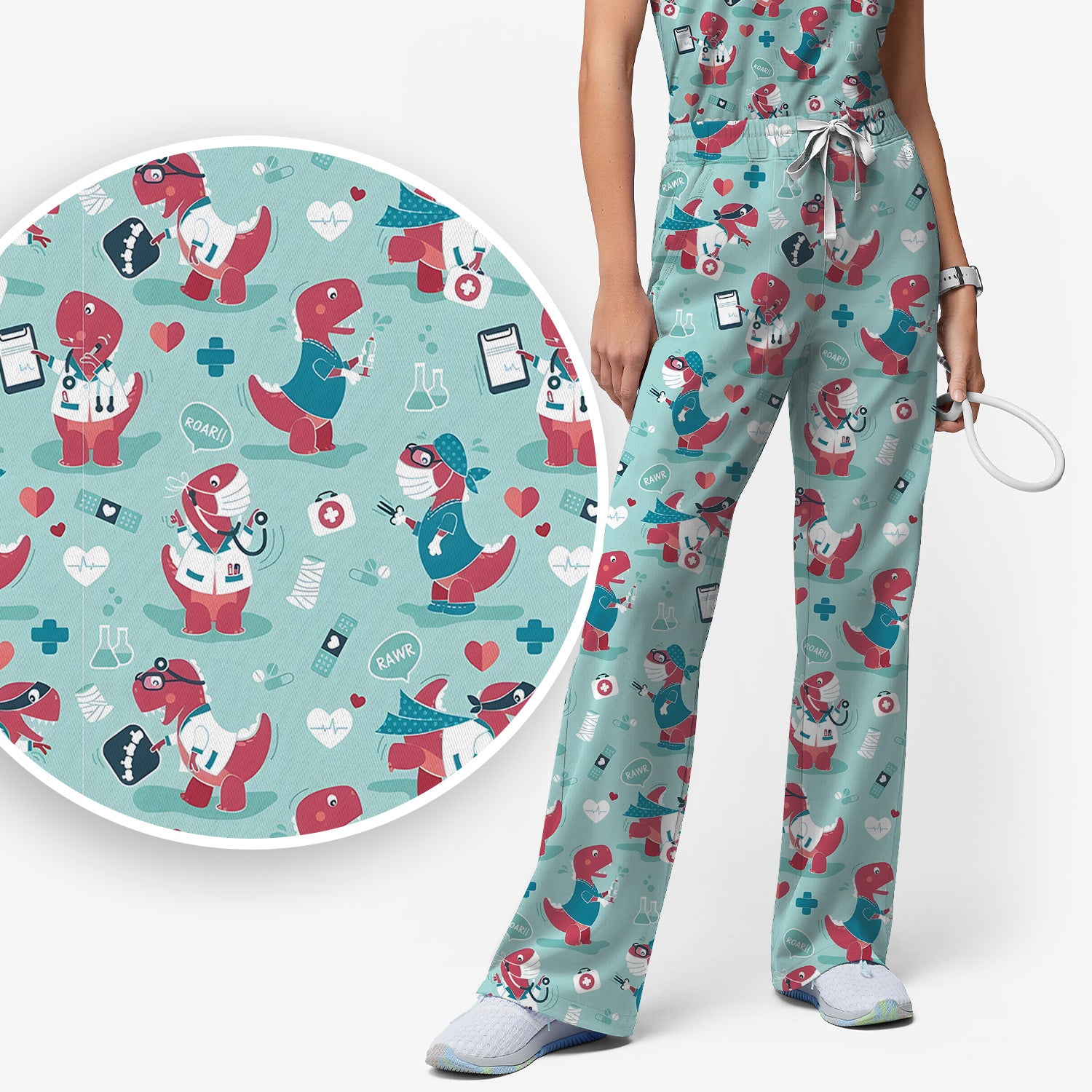 Cute Dinosaur Doctor Medical Pattern Scrub Set, Women's Scrub Sets