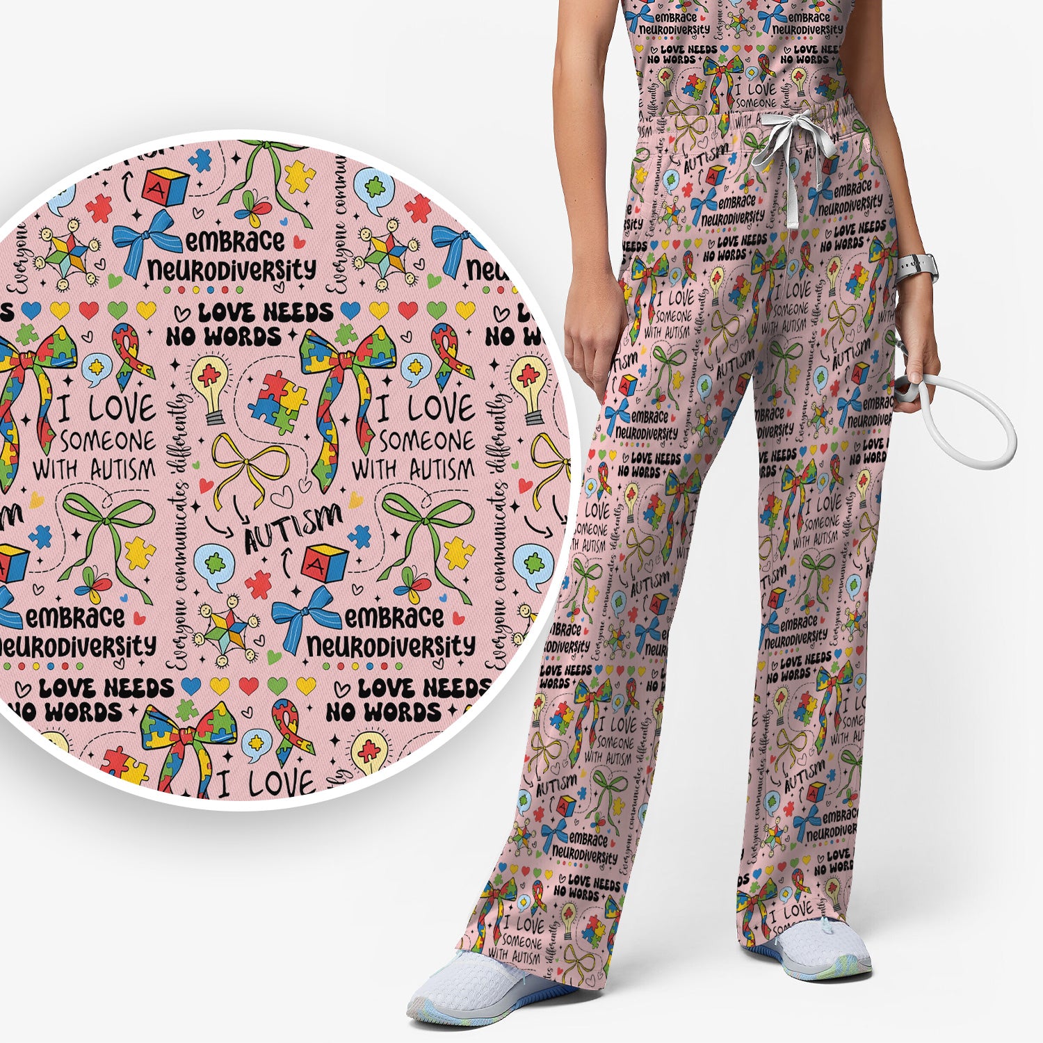 Autism Awareness Puzzle Ribbon Pattern Scrub Set, Scrub Pants and V Neck Top