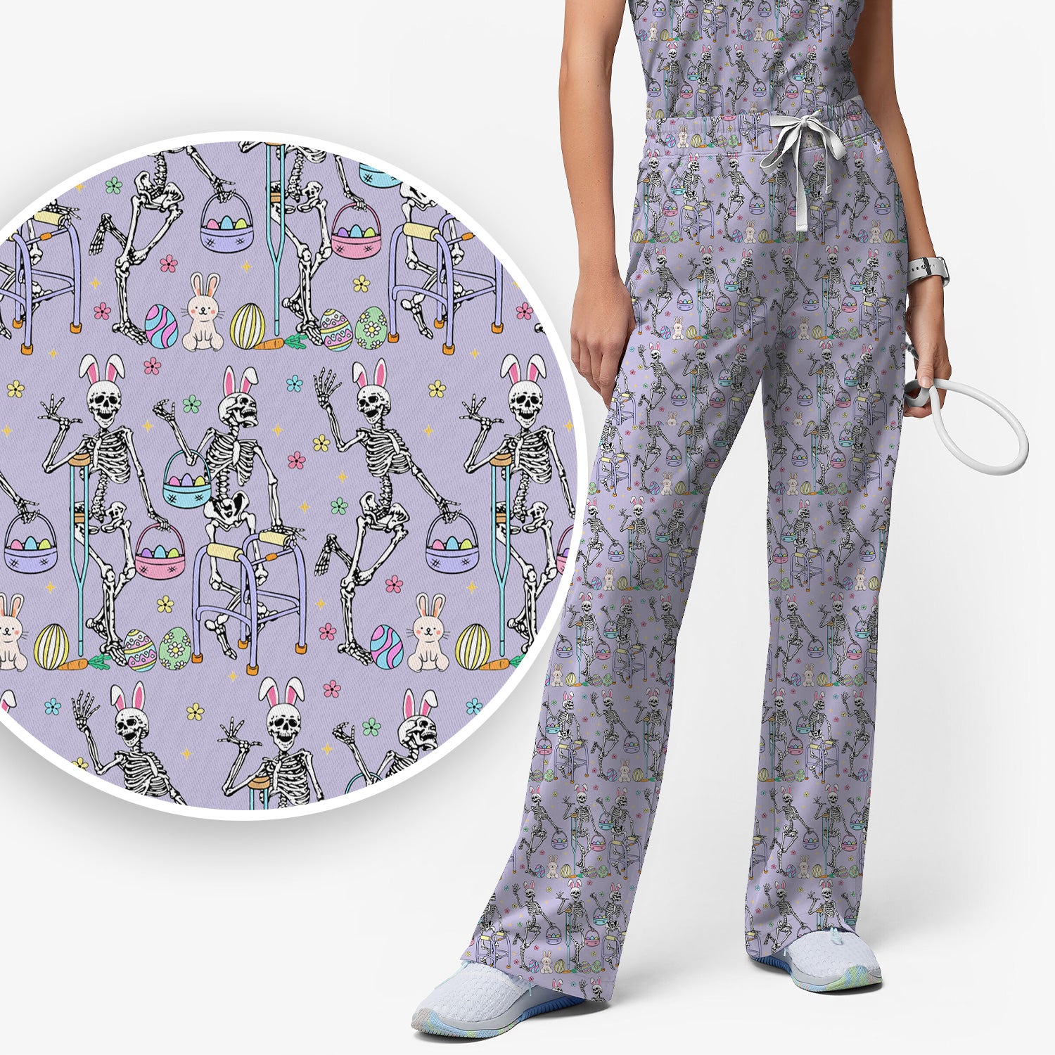 Fun Skeleton Bunny Easter Print Scrub Set, Scrub Pants and V Neck Top