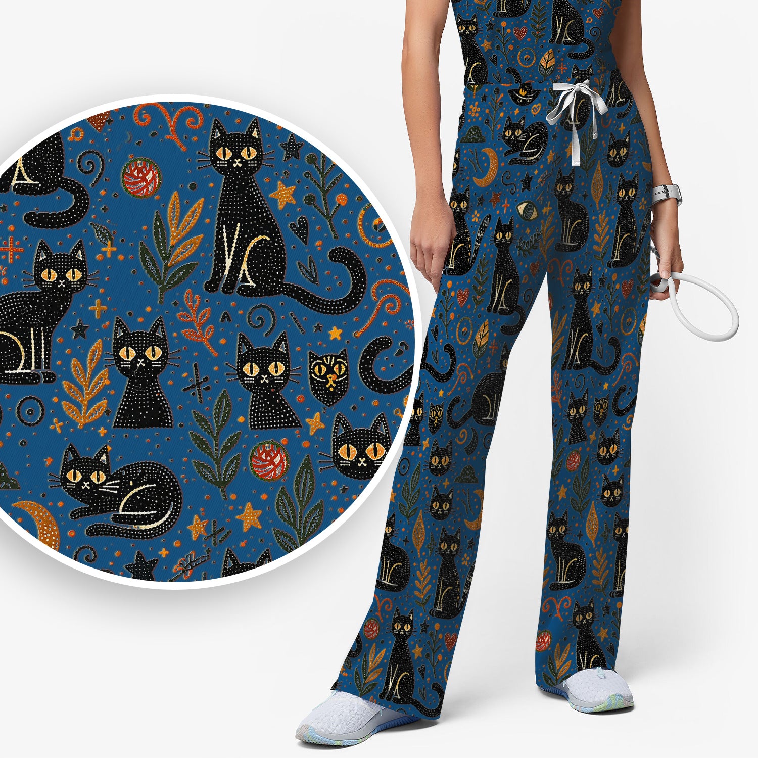 Mystic Black Cat Celestial Doodle Pattern Scrub Set, Scrub Pants and V Neck Top