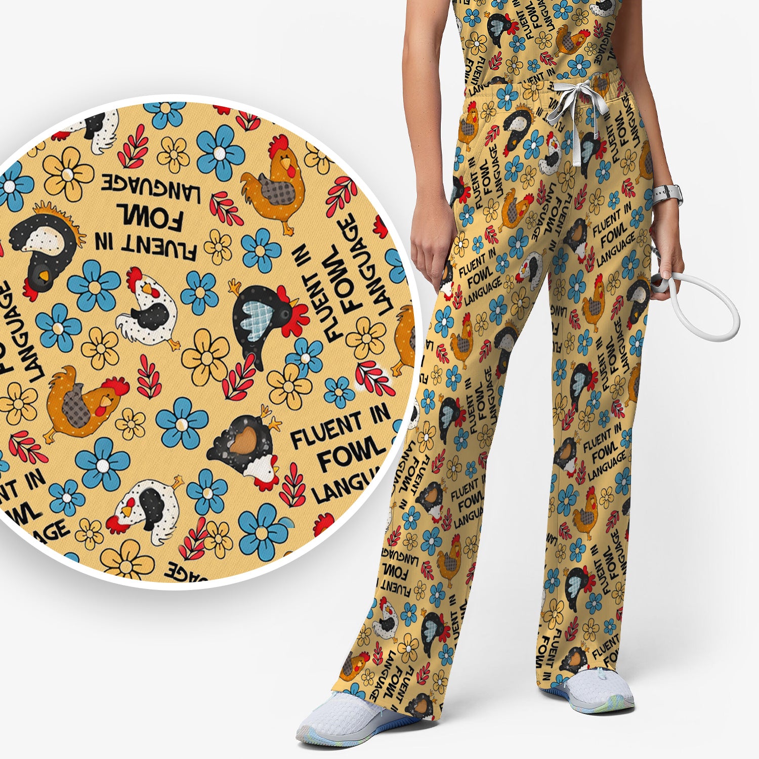 Funny Chicken Fluent in Fowl Language Pattern Scrub Set, Scrub Pants and V Neck Top