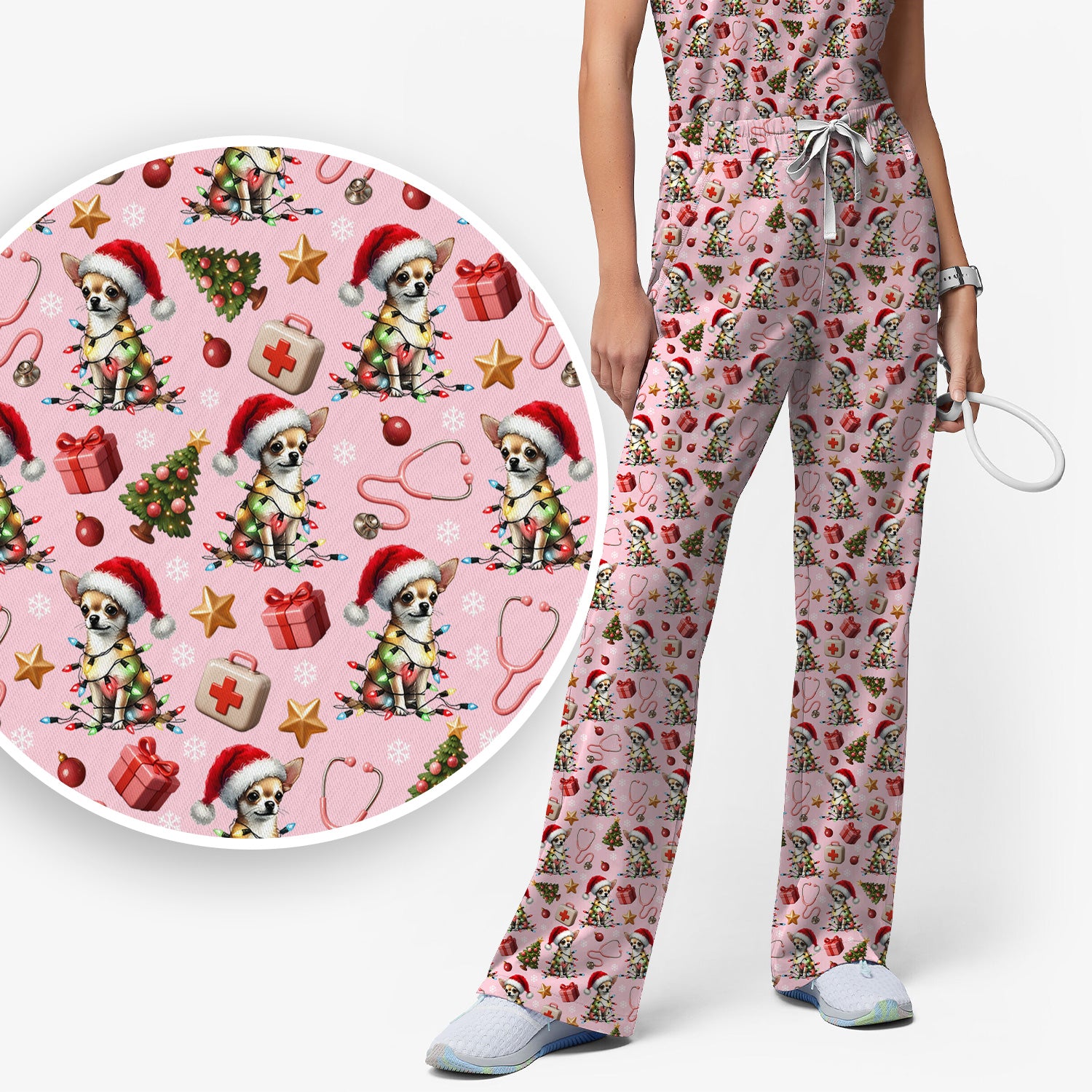 Funny Chihuahua Nurse Scrub Set, Christmas Dog Pattern Scrub With Top And Pants, Holiday Scrubs for RN, LPN, CNA, Vet Tech Gift
