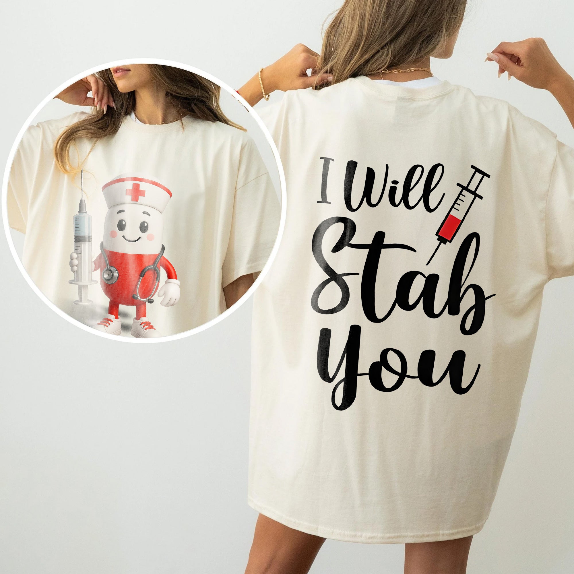 Personalized Funny Nurse Shirt with Pill Cartoon – I Will Stab You Quote Tee for RN LPN CNA  – Cute Medical Humor Gift for Healthcare Workers