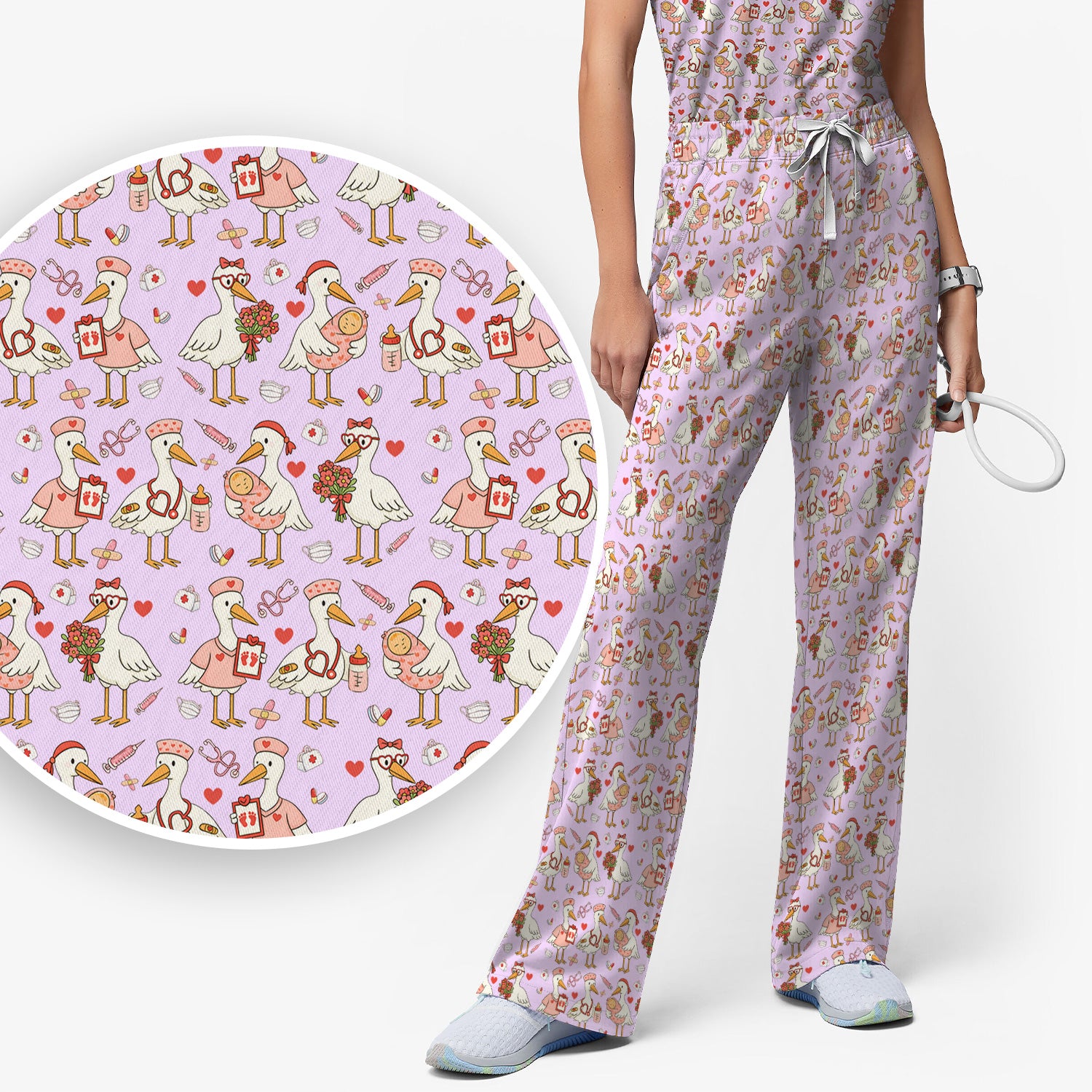 Cute Goose Nurse Valentine Print Scrub Set, Breathable Med Uniform