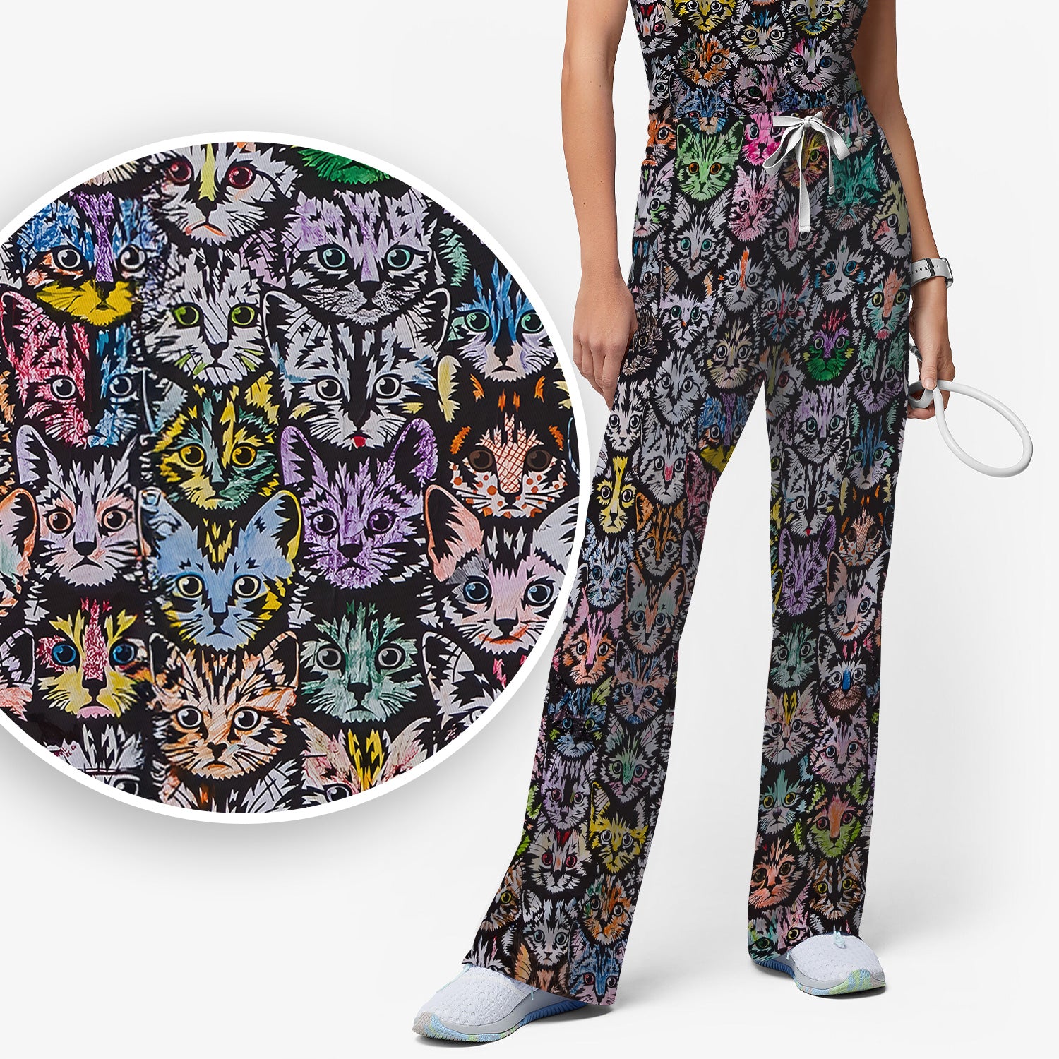 Colorful Cat Faces Pattern Scrub Set, Artistic Kitty Portrait Print, Scrub Pants and V Neck Top