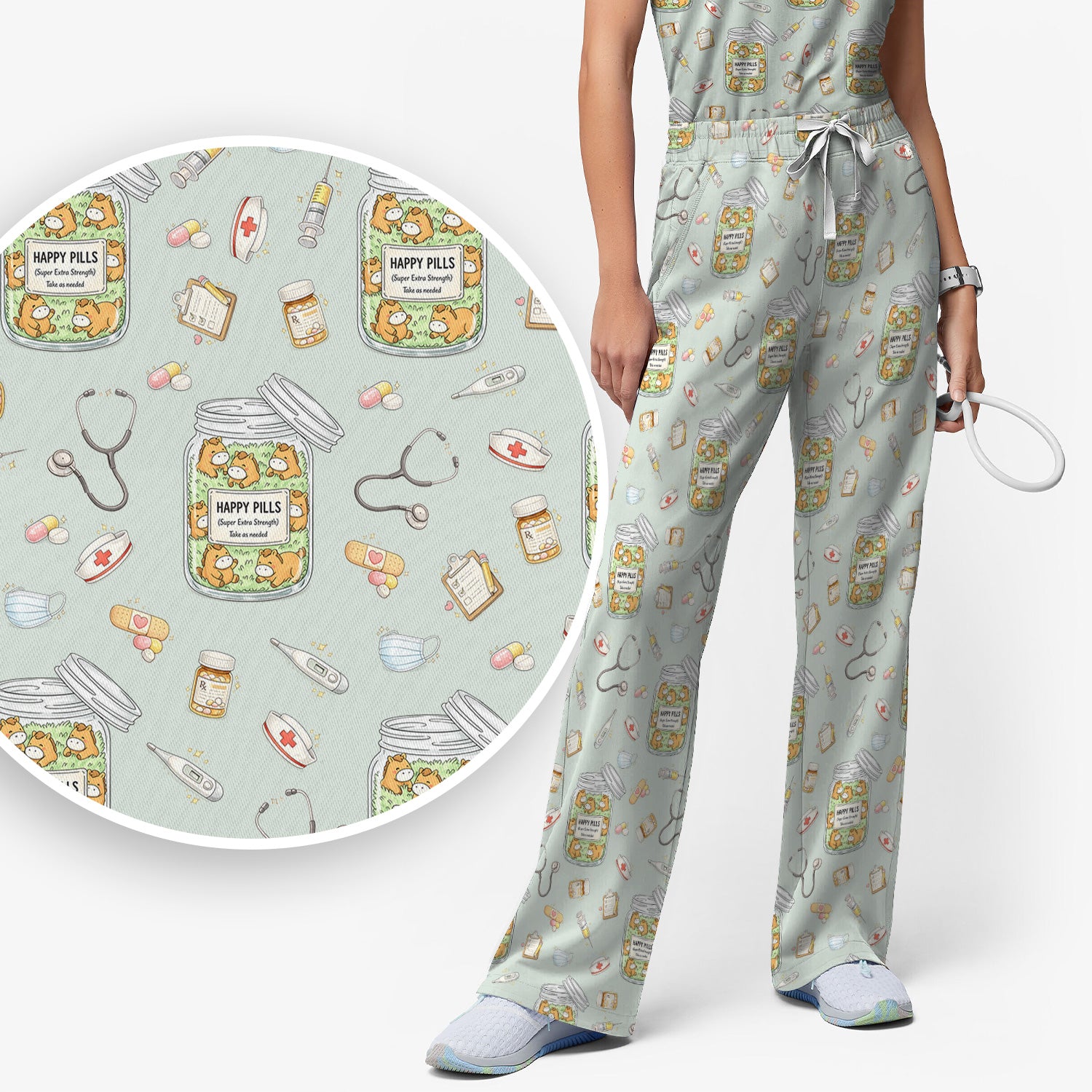 Happy Pills Horse Medical Print Women's Scrub Set, Scrub Pants and V-Neck Top