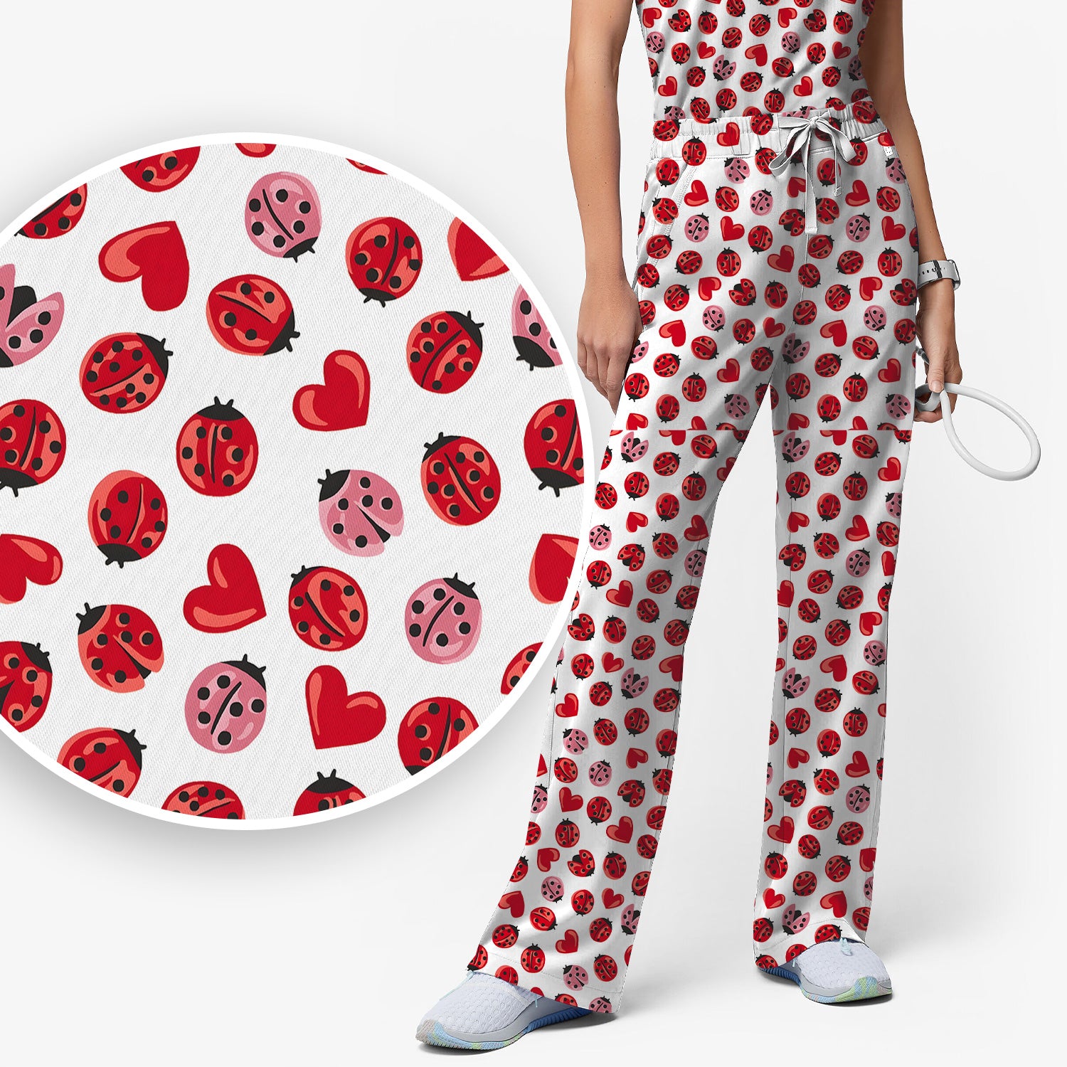 Cute Ladybug and Red Heart All Over Print Set, Women's Scrub Sets