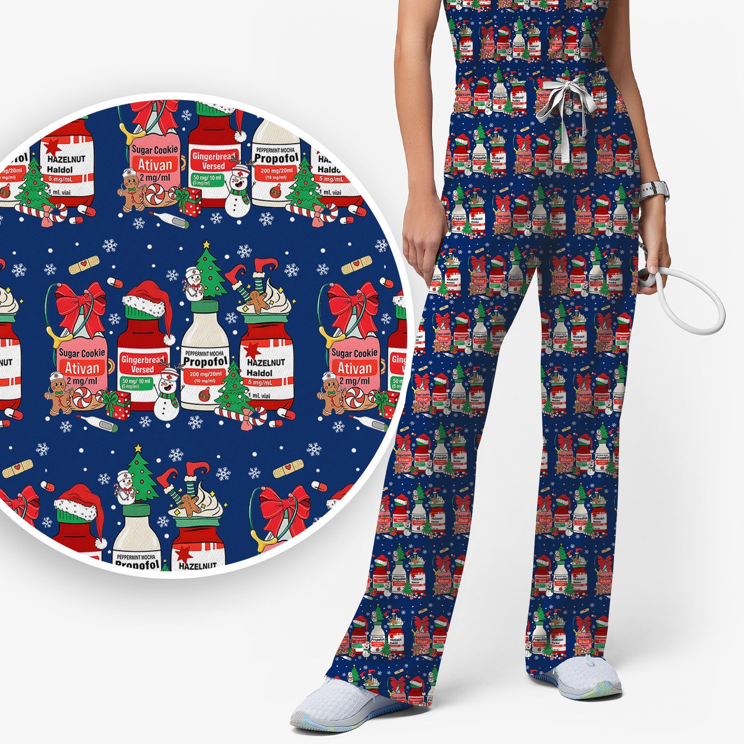Funny Christmas Medication Scrub Set – Festive Holiday Pharma Bottles Pattern – Playful Medical Uniform for Nurses, Pharmacists & Healthcare Workers