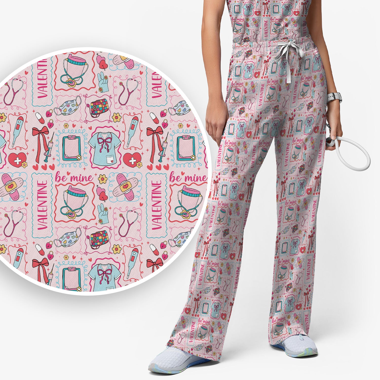 Valentine Medical Hearts Bandages Syringes Scrub Set, Breathable Med Uniform