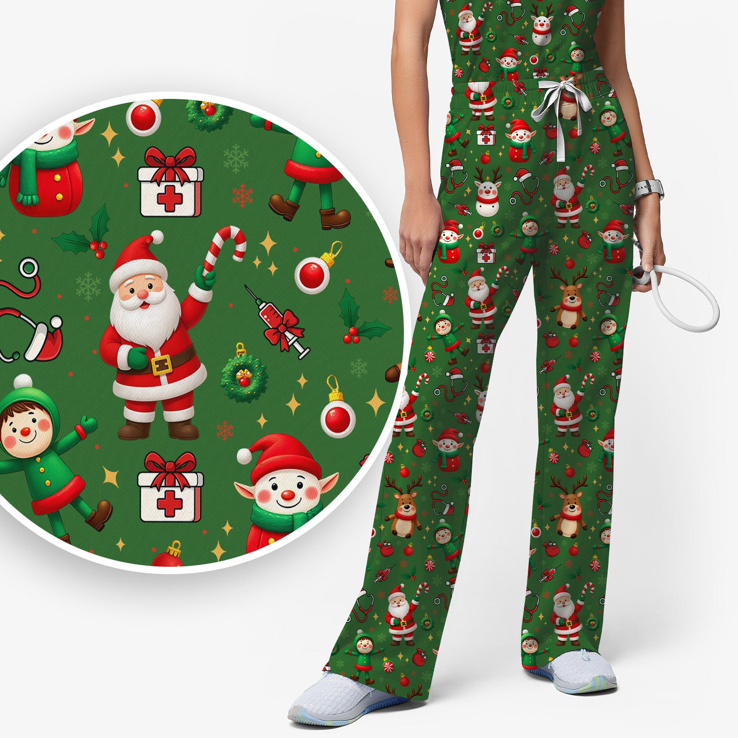 Christmas Comfortable Scrubs for Nurses - Cute Santa Reindeer Scrubs Pants and V Neck Top - Festive Holiday Med Uniform for Women