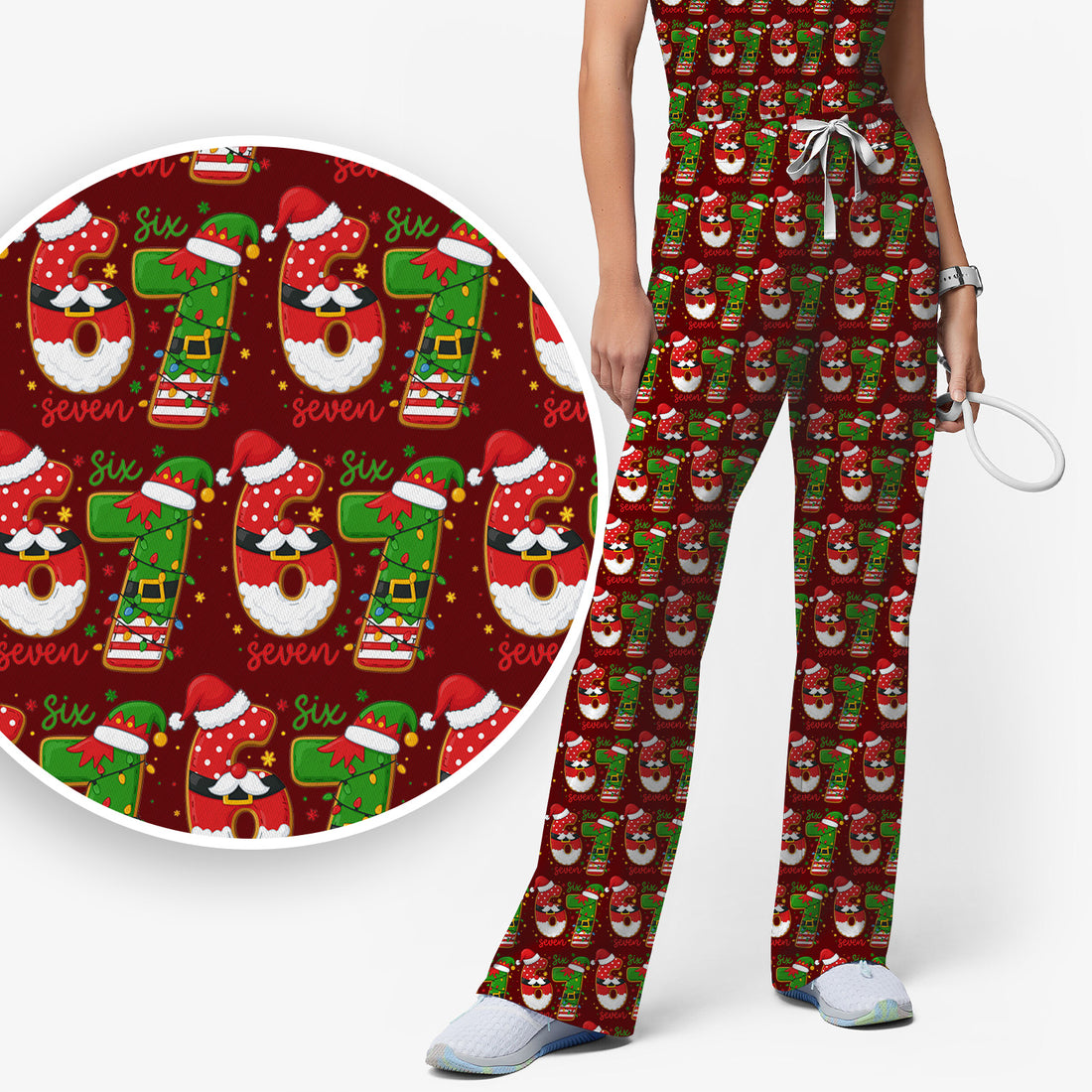 Christmas 67 Pattern Scrub Top, Festive Holiday Medical Uniform Shirt For Nursing