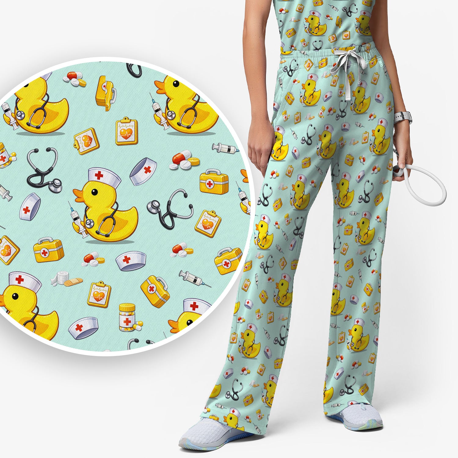 Playful Medical Duck Print Women's Scrub Set, Breathable Med Uniform