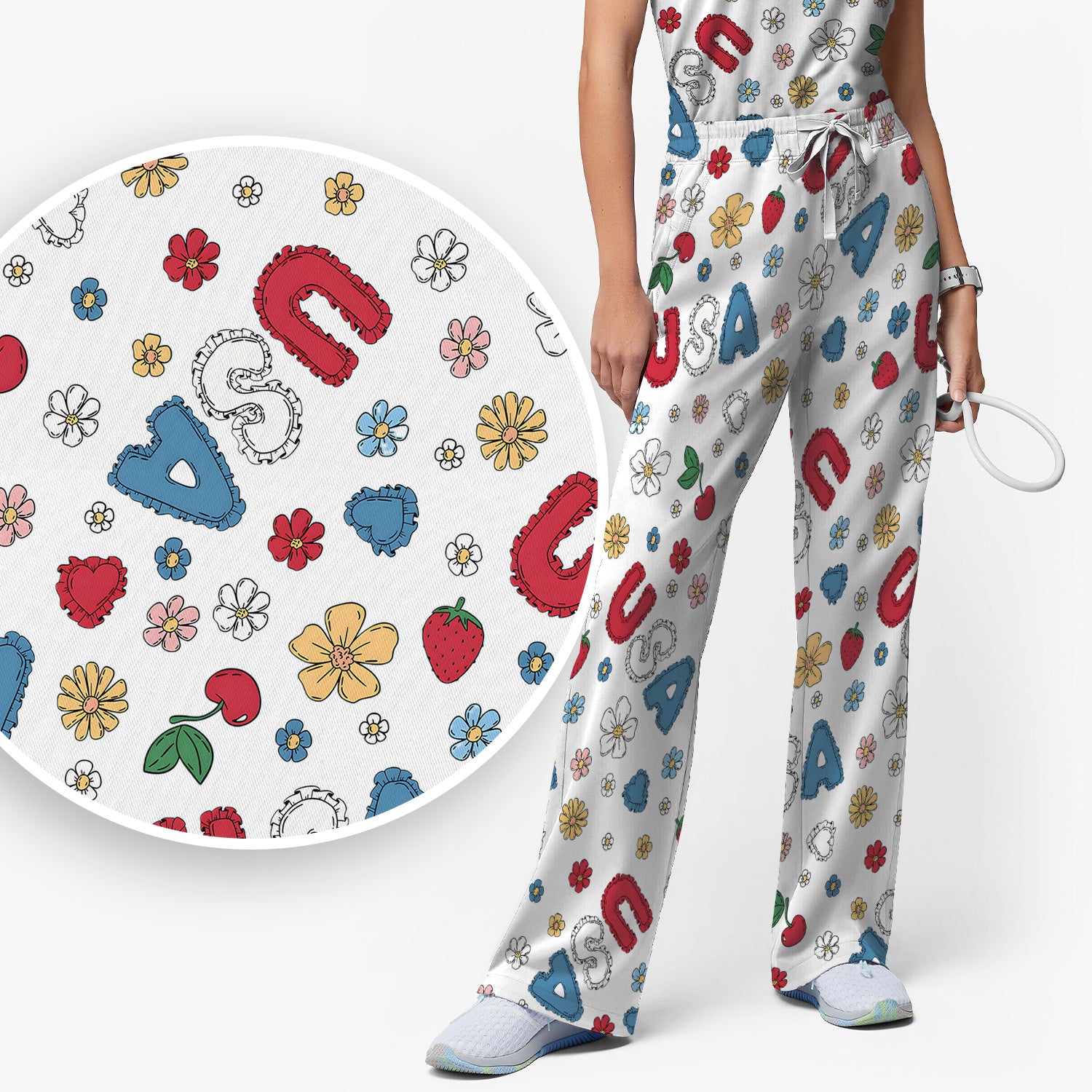 USA Cherry Strawberry Floral Patch Pattern Scrub Set, Scrub Pants and V Neck Top