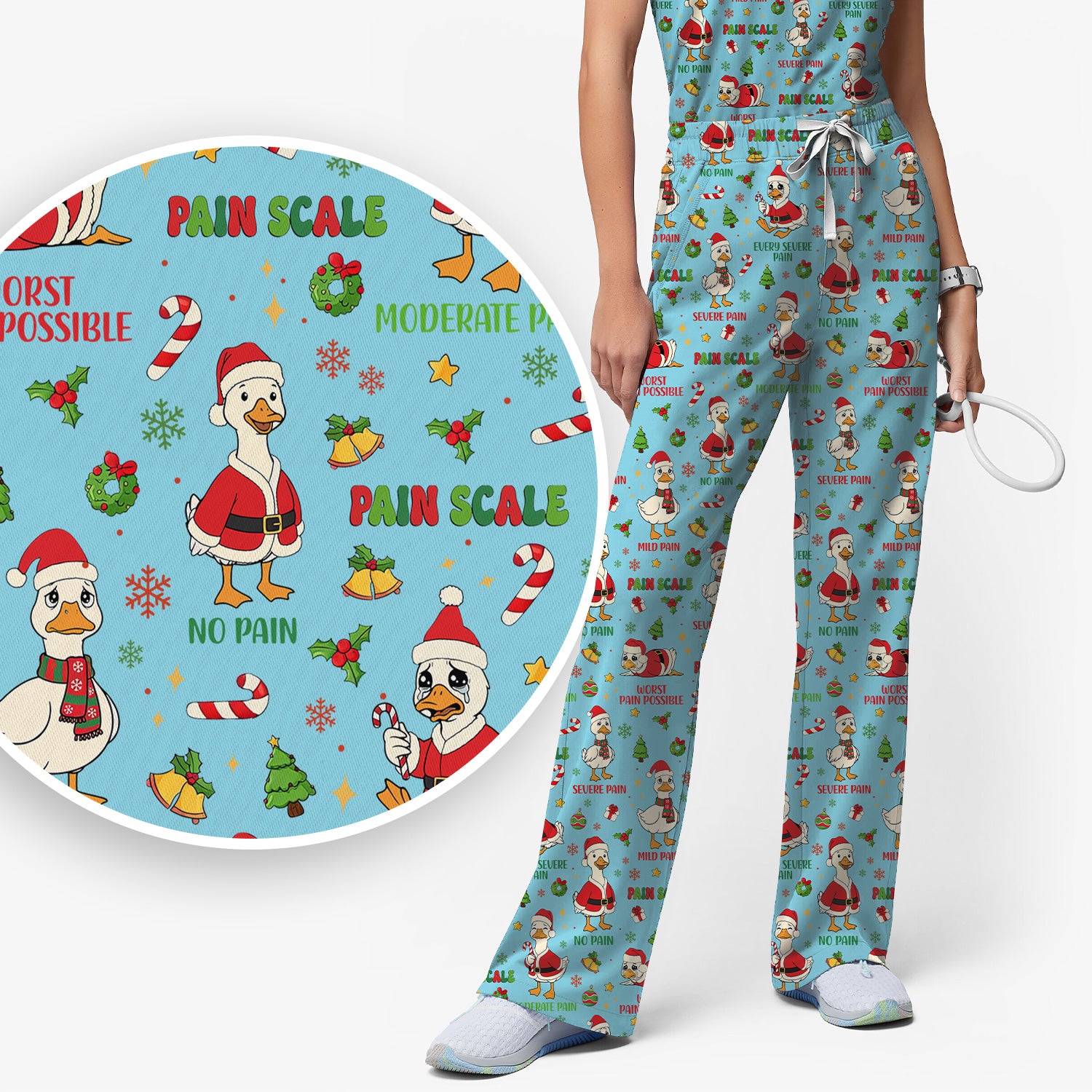 Christmas Nurse Scrub Set - Funny Goose Pain Scale Pants and V Neck Top - Cute Holiday Medical Uniform for RN LPN CNA