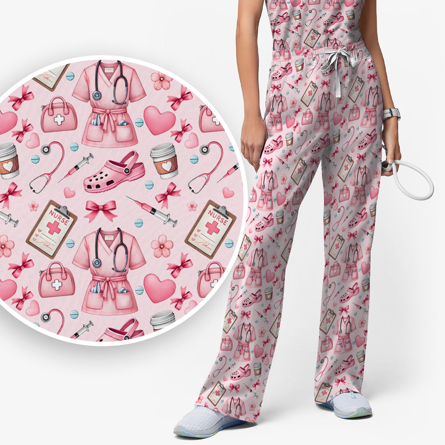 Valentine Pink Nurse Icons Print Women's Scrub Set, Breathable Med Uniform