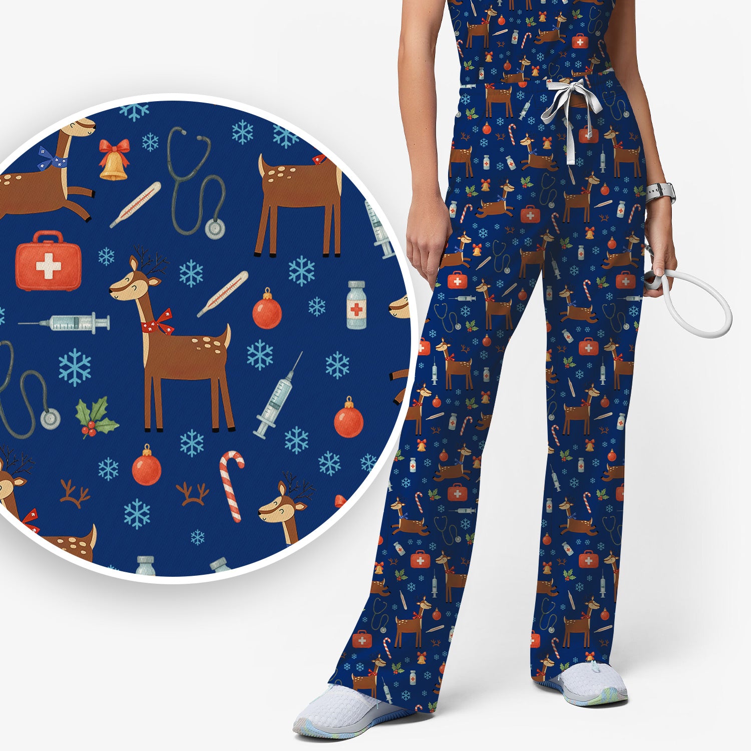 Christmas Reindeer Scrub Set for Nurses - Cute Reindeers Snowflakes Candy Canes - Comfortable Med Uniform