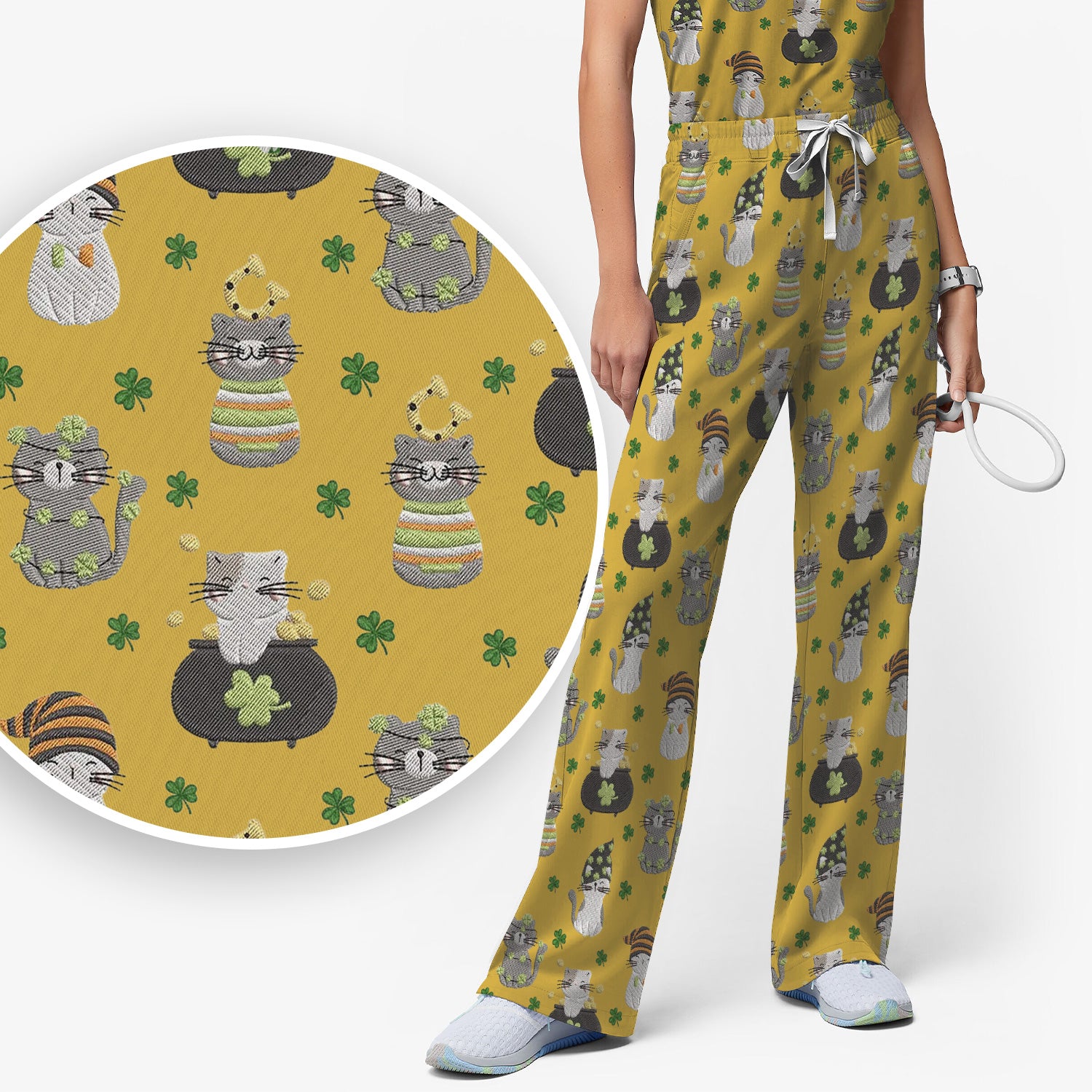 St. Patrick’s Day Scrub Set, Lucky Cat With Shamrock Pattern Shirt, Breathable Fabrics Nursing Uniform