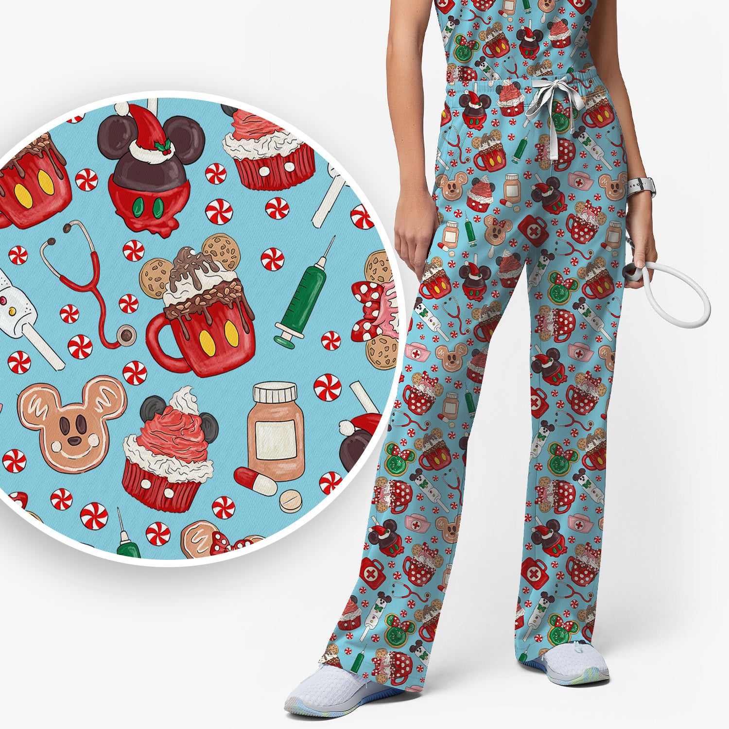 Gingerbread Christmas Comfortable Scrub Set for Nurses - Funny Cookies Candy Cupcake Pants and V Neck Top - Holiday Med Uniform