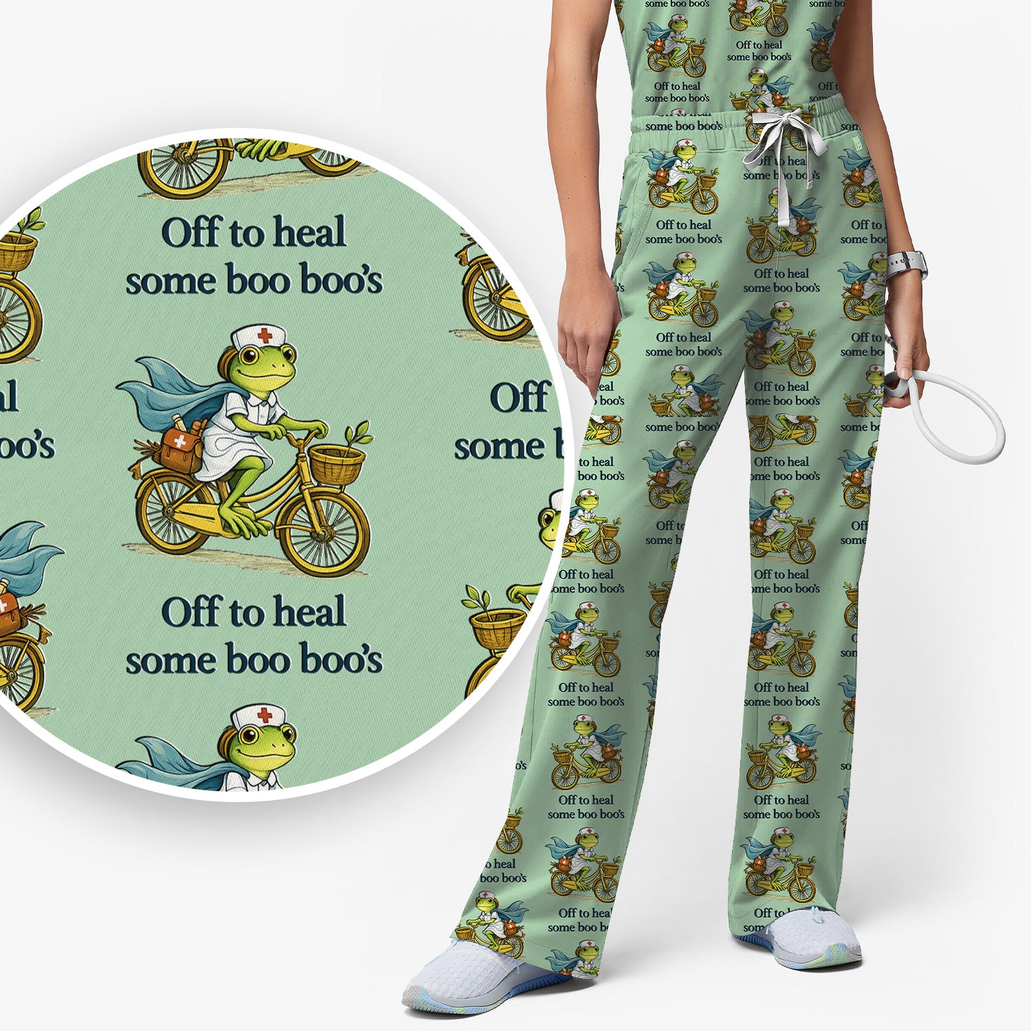 Funny Frog Nurse Cycling Pattern Scrub Set, Scrubs Pants and V Neck Top