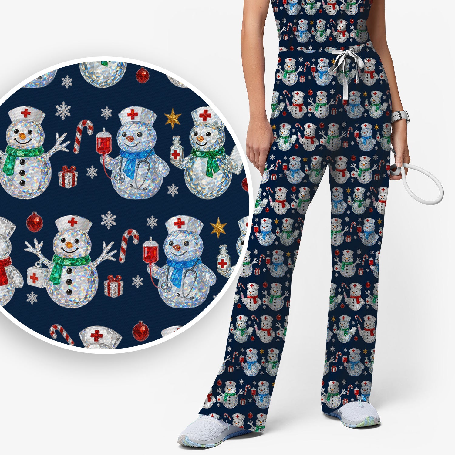 Nurse Snowman Christmas Scrub Set, Cute Holiday Medical Pattern Shirt For Women, Winter Snowflake Nursing Uniform
