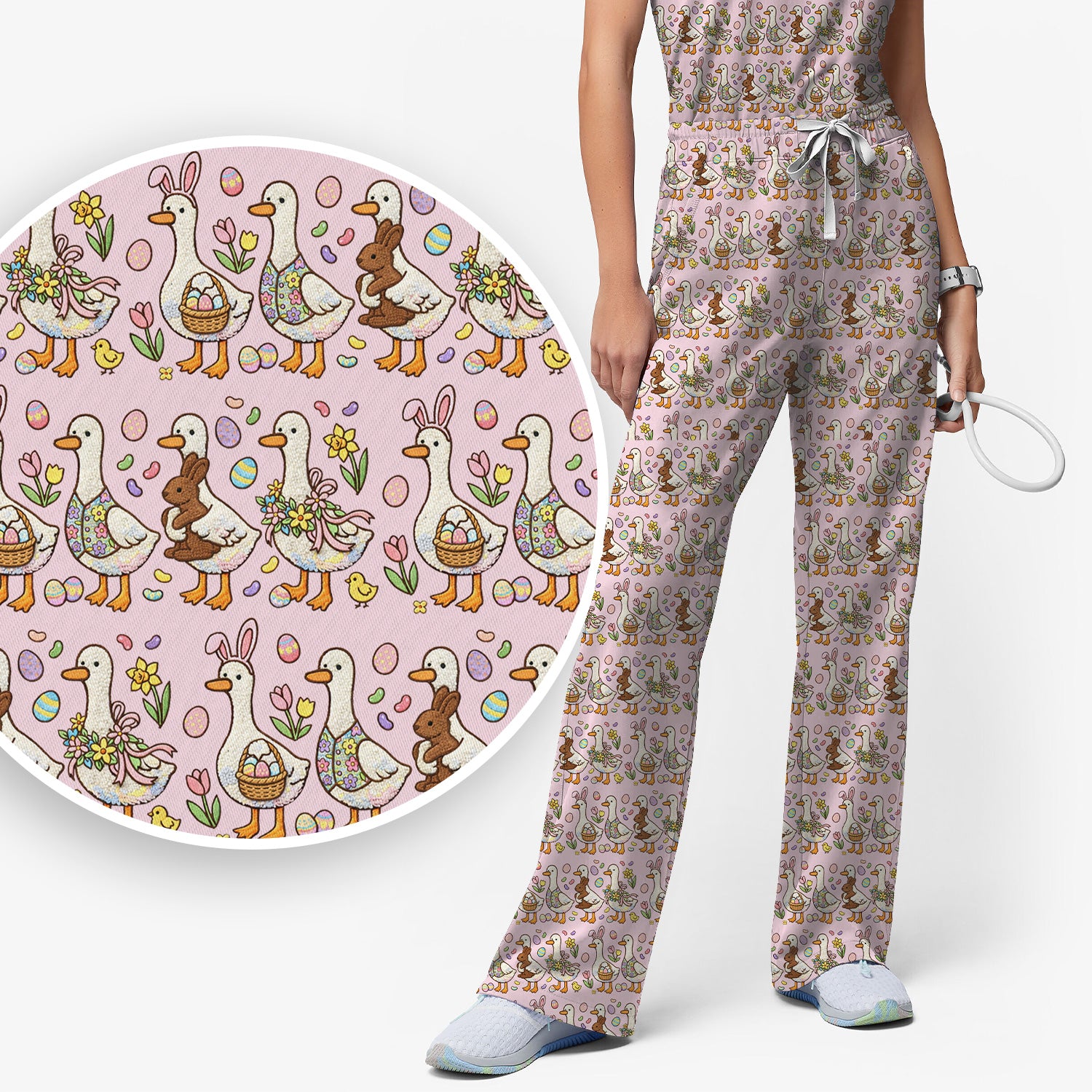 Easter Theme Duck and Bunny Egg Floral Print Scrub Set, Breathable Med Uniform