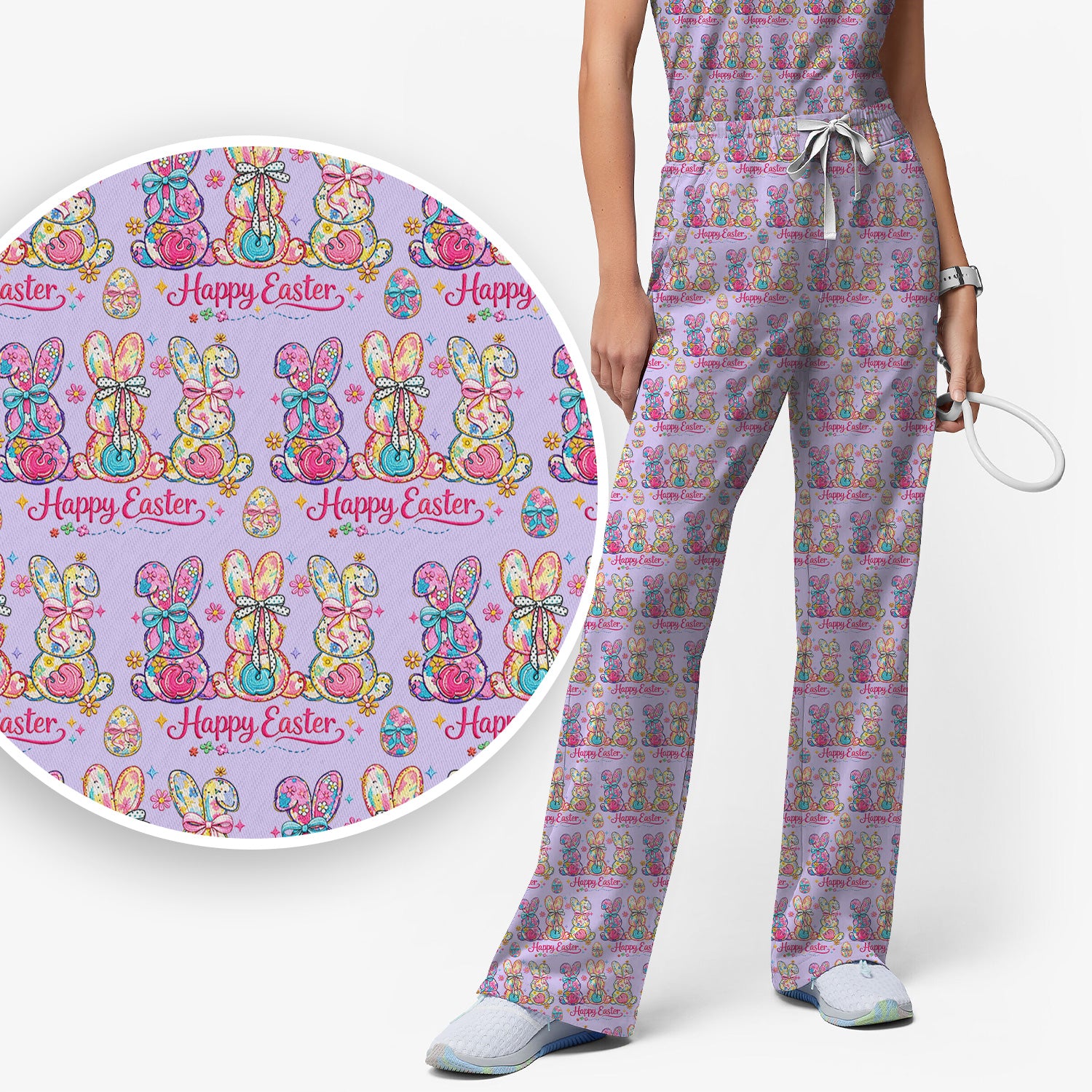 Pink Happy Easter Bunny Pattern Scrub Set, Scrub Pants and V Neck Top