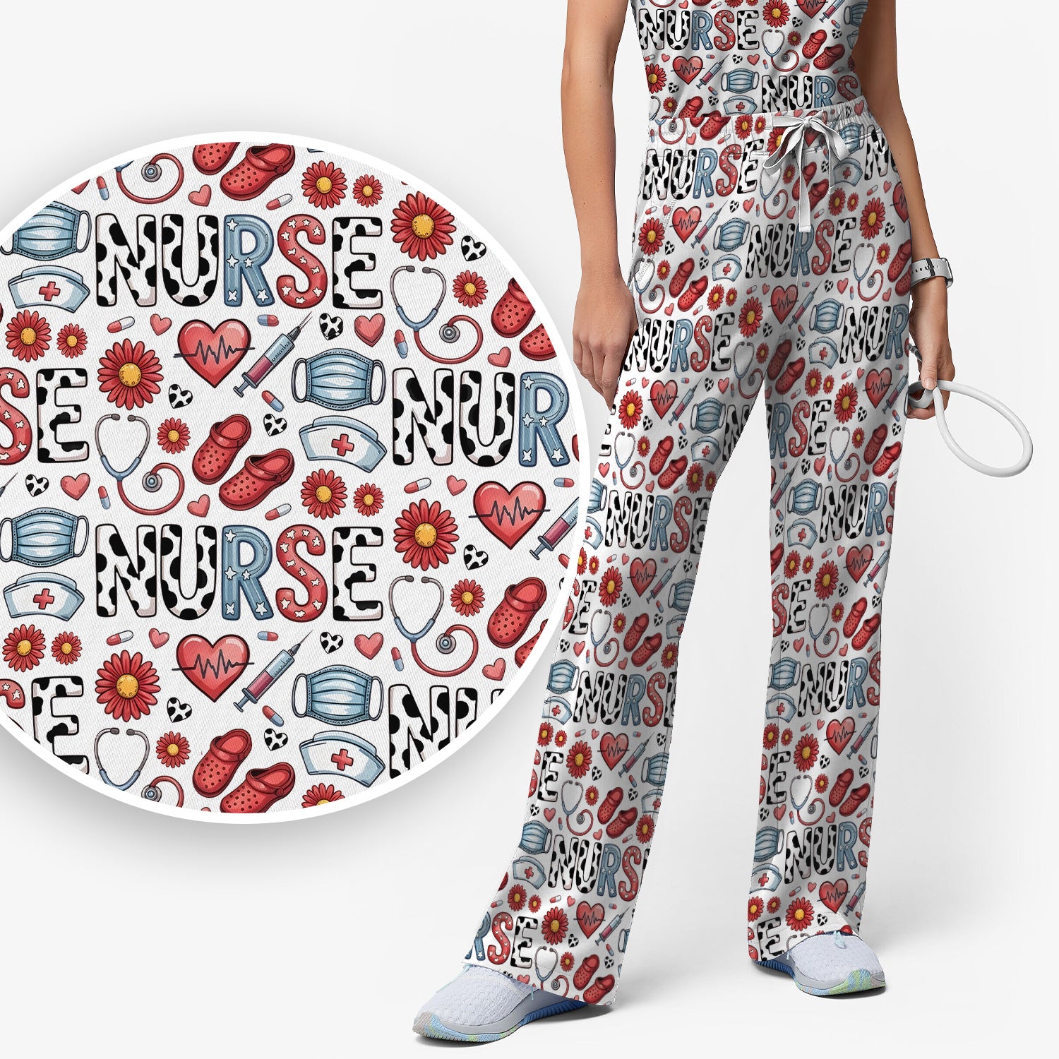 Cute Nurse Medical Icon Pattern Scrub Set, Scrub Pants and V Neck Top