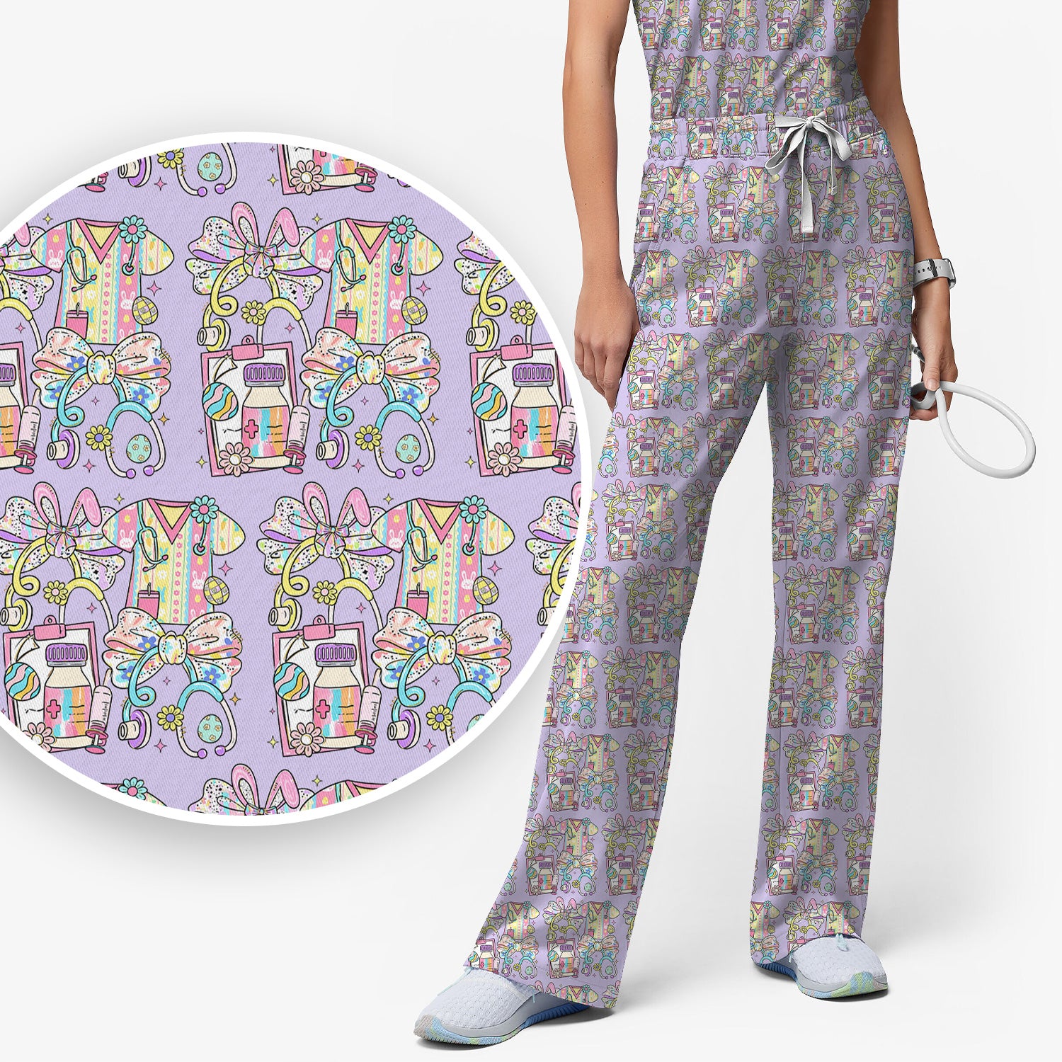 Colorful Nurse Scrub Supplies Pattern Scrub Set, Scrub Pants and V Neck Top