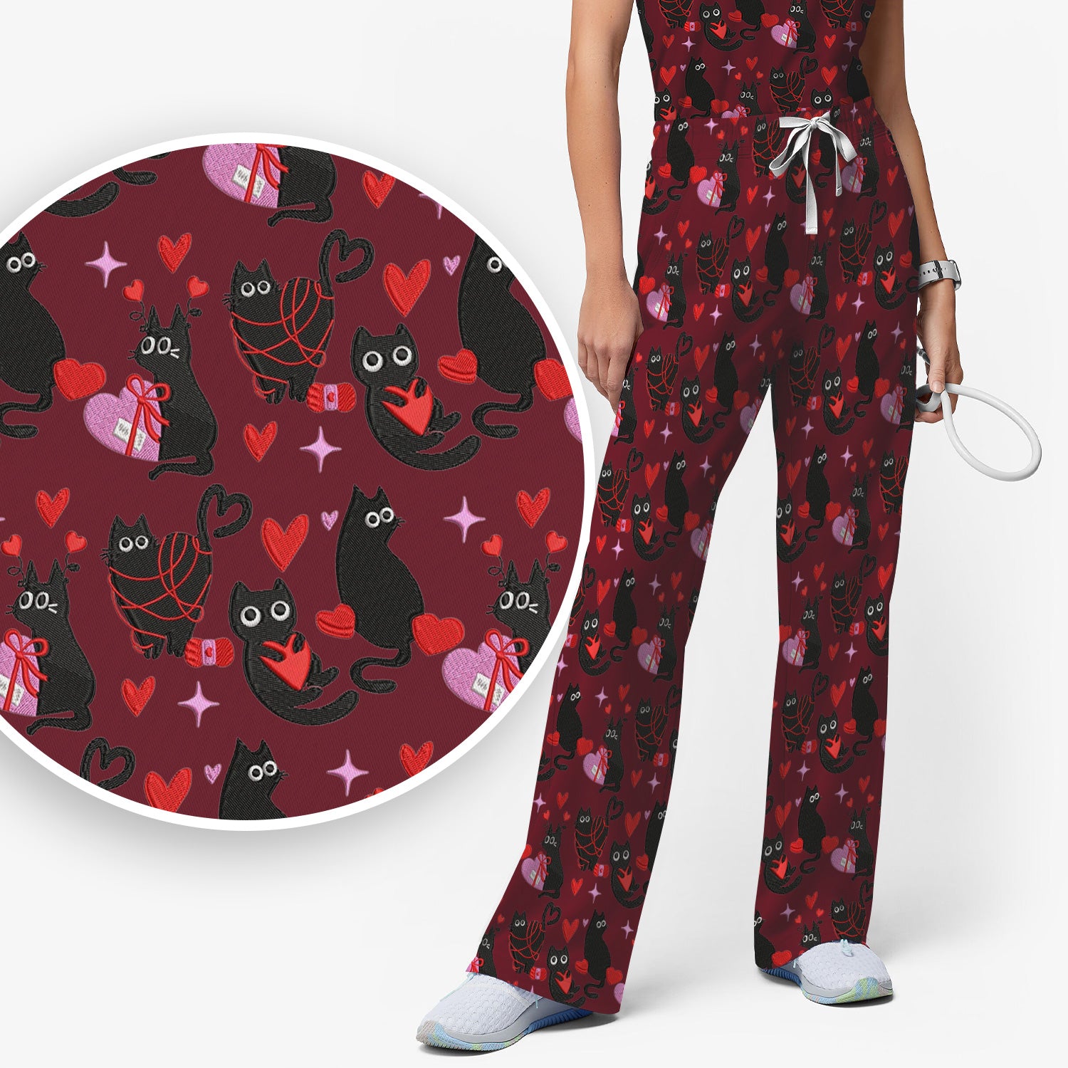 Valentine’s Day Scrub Set, Cute Black Cat With Heart Pattern Nurse Shirt, Breathable Fabrics Nursing Uniform