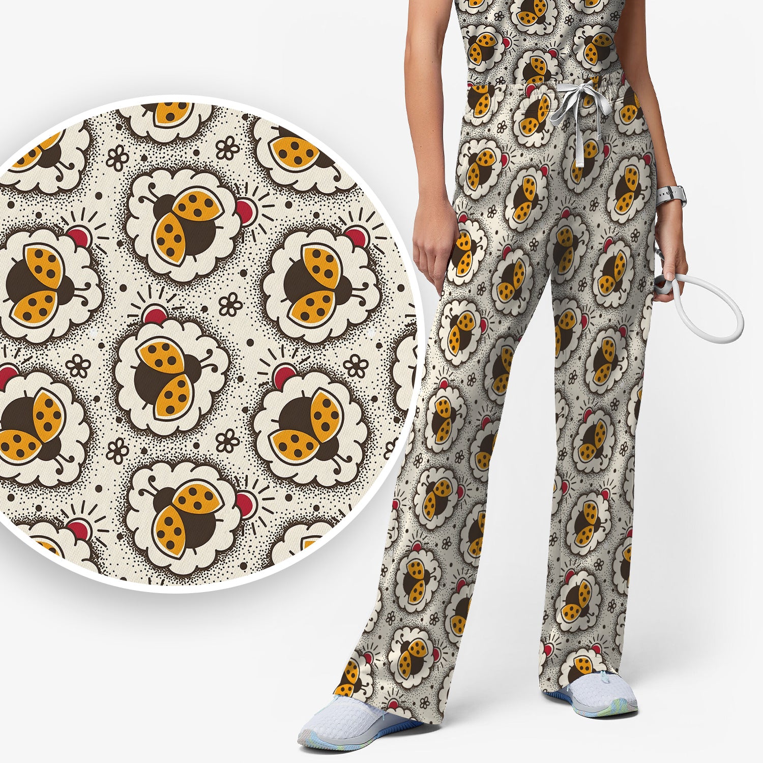 Cute Ladybug in Floral Frame Pattern Scrub Set, Breathable Med Uniform