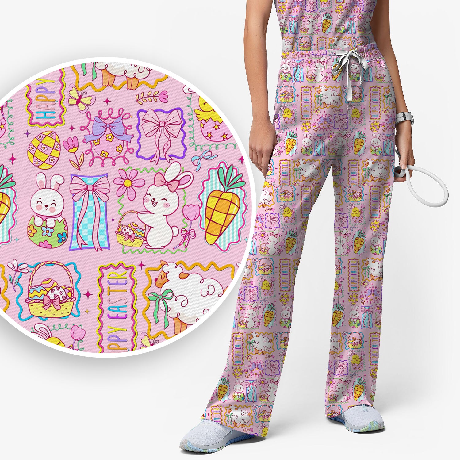 Cute Easter Bunny Egg and Bow Print Scrub Set, Scrub Pants and V Neck Top