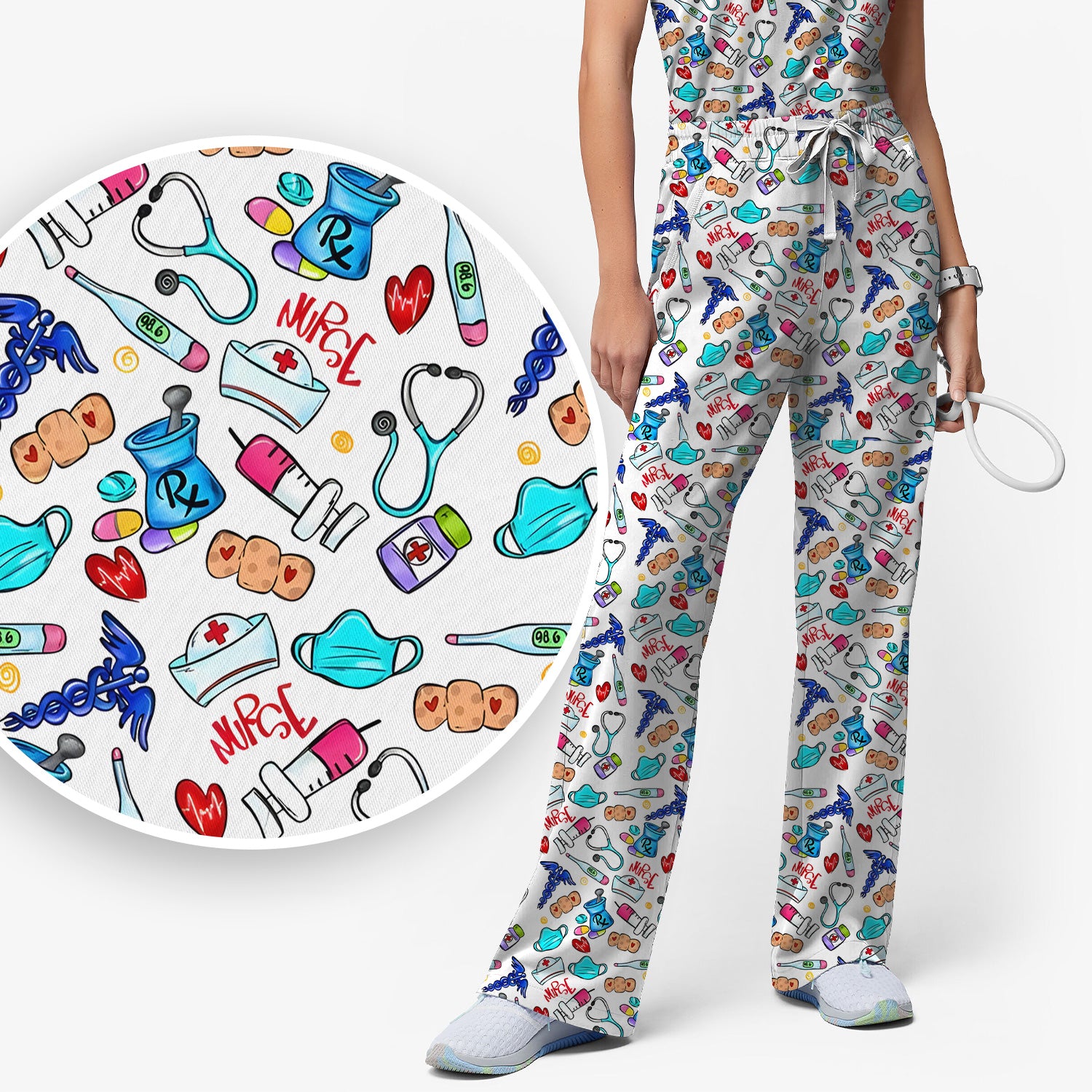 Nurse Medical Icons Stethoscope Heart Pattern Scrub Set, Scrub Pants and V Neck Top