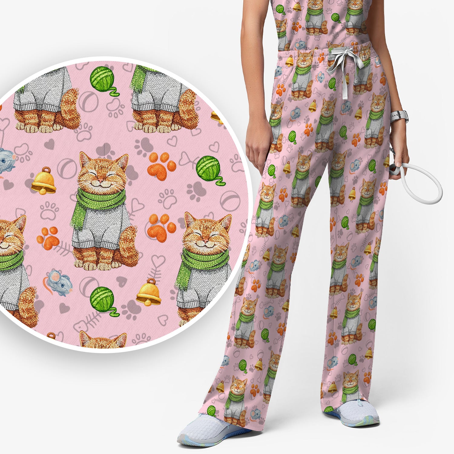 Adorable Cat Lover Nurse Scrub Set, Cute Cat Medical Pattern Shirt, Breathable Fabrics Nursing Uniform