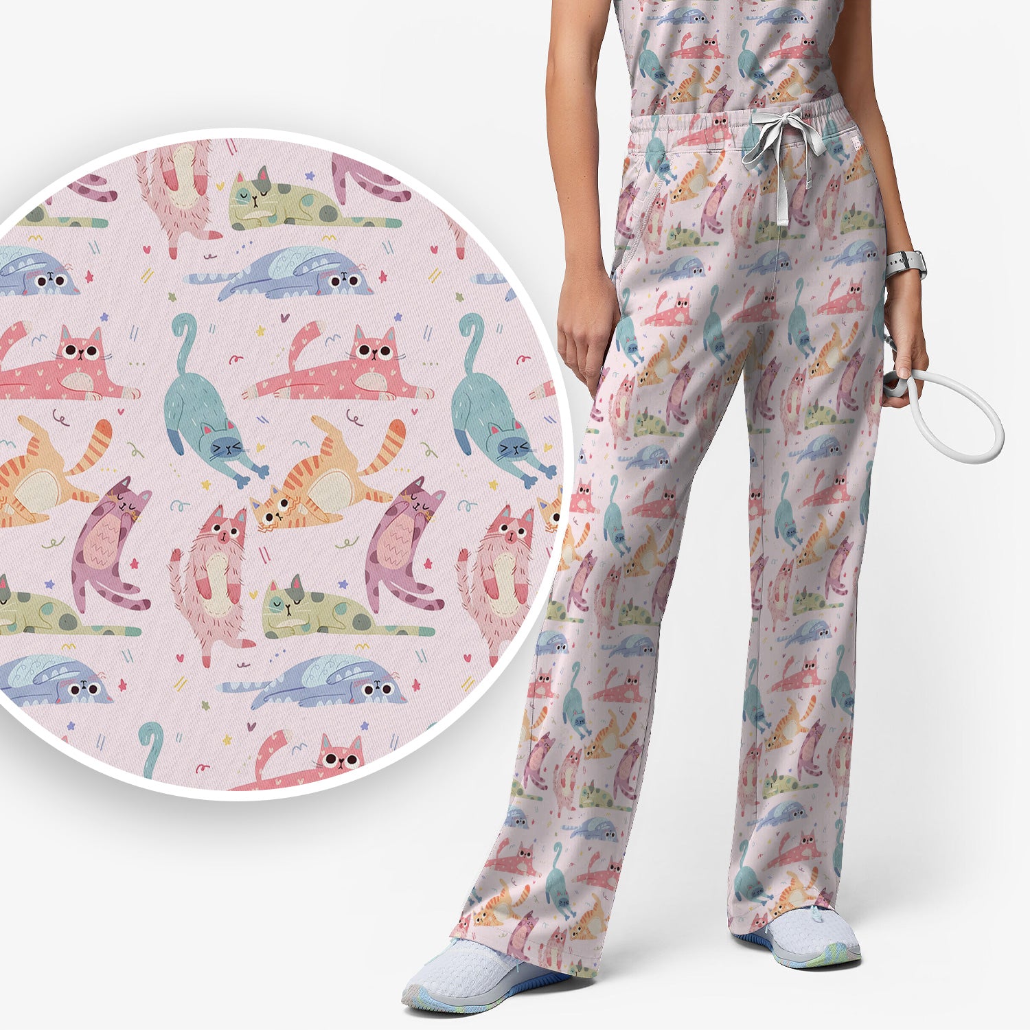 Funny Pastel Cat Pattern Medical Scrub Set, Breathable Fabrics Nursing Uniform