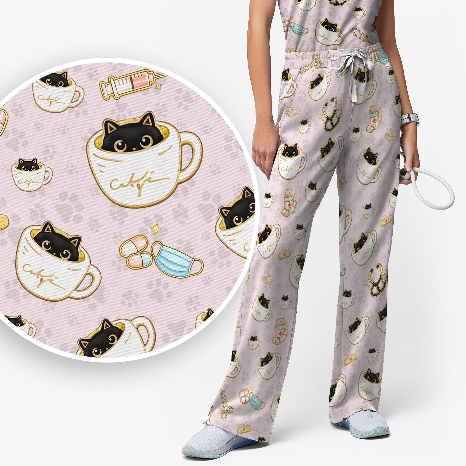 Cute Coffee Cat Medical Print Scrub Set, Scrub Pants and V Neck Top