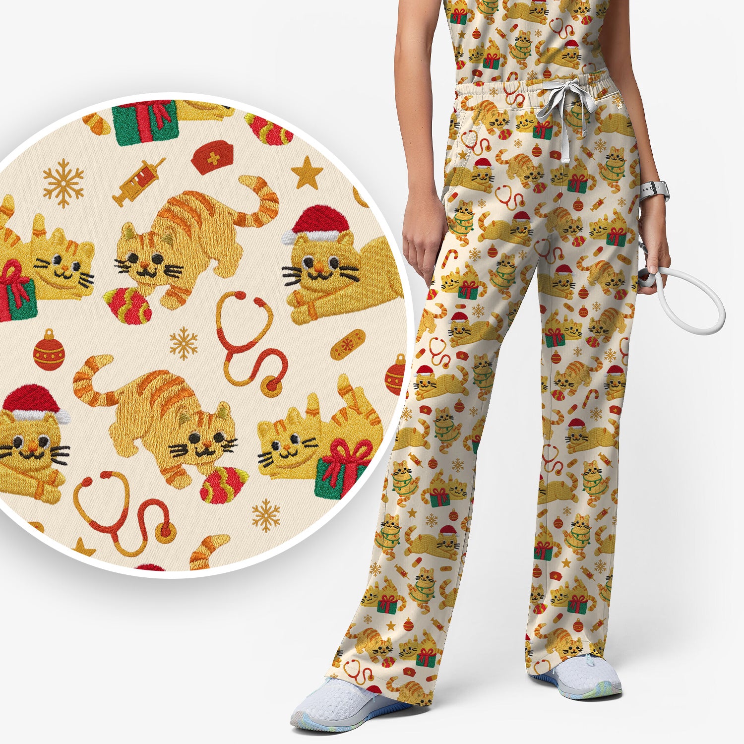 Christmas Cat Nurse Scrub Set, Cute Holiday Kitty Medical Uniform For Nursing