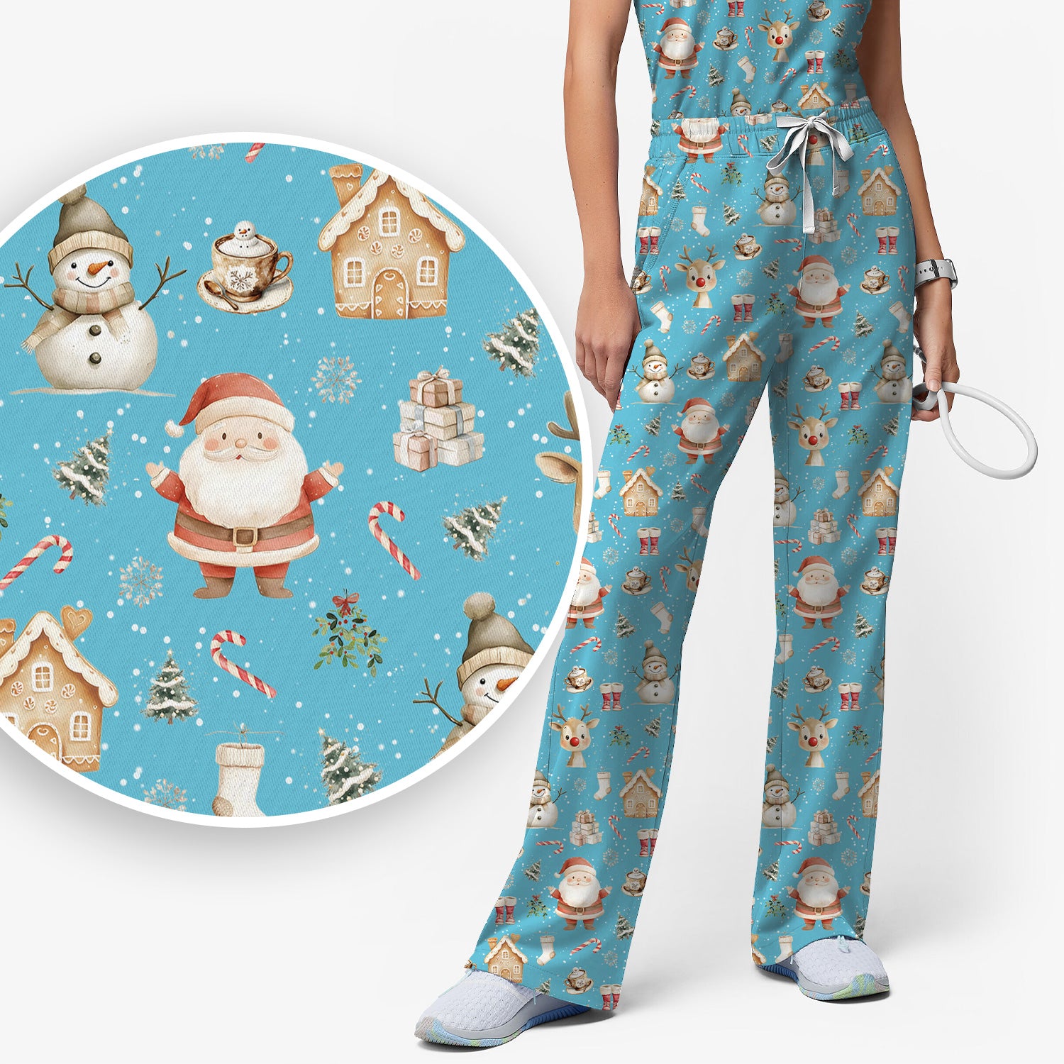 Christmas Santa Pattern  Scrub Top – Cute Medical Uniform for Nurses - Breathable Fabrics Nursing Uniform
