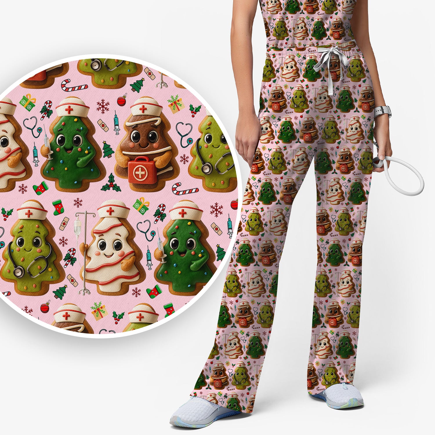Christmas Cookie Scrub Set – Festive Nurse & Holiday Tree Pattern – Cute Medical Uniform for Nurses, Vets and Healthcare Workers
