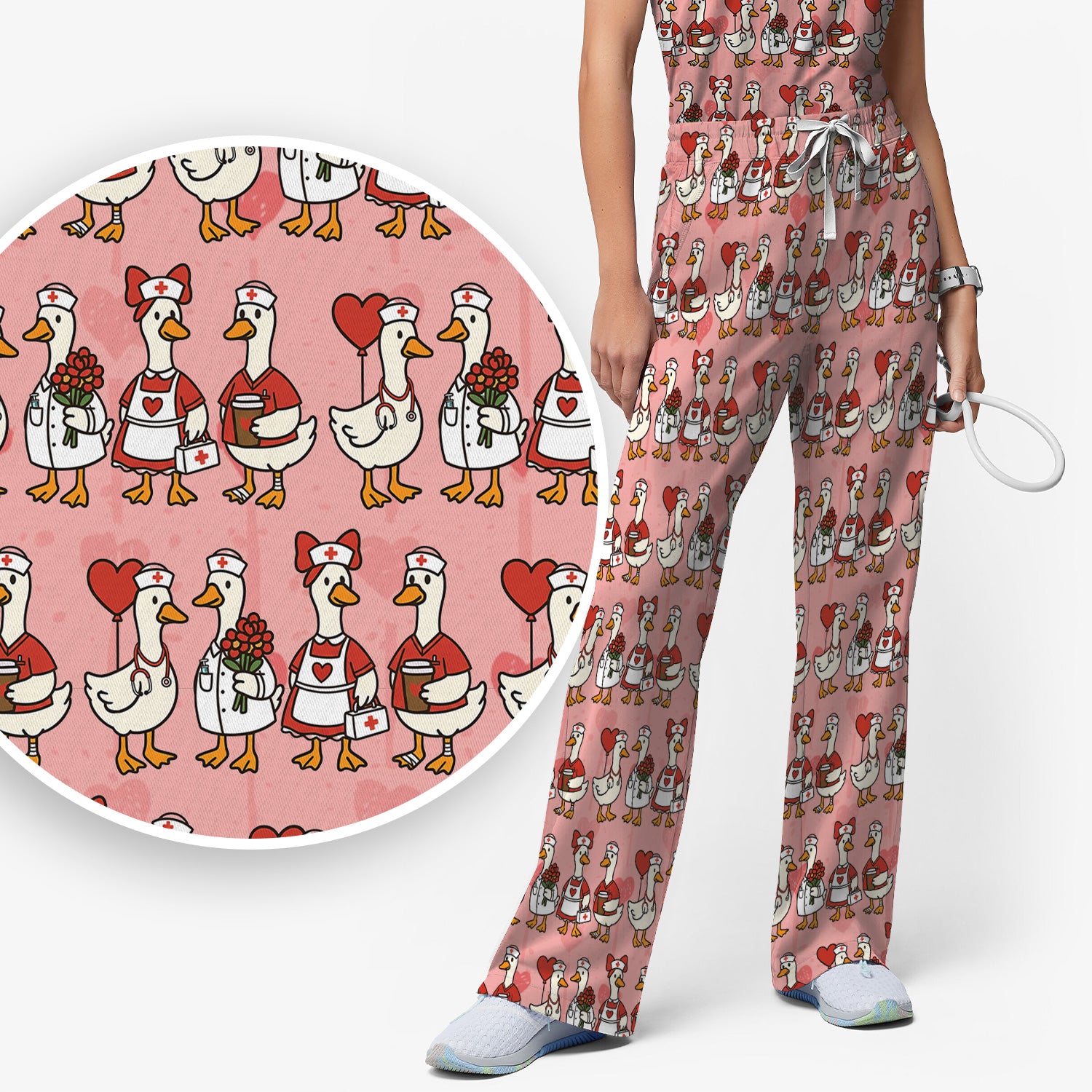 Valentine Nurse Goose with Heart Pattern Scrub Set, Scrub Pants and V Neck Top