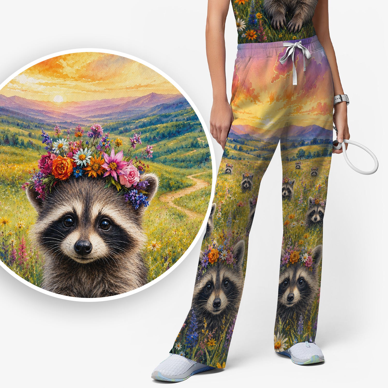 Floral Raccoon Meadow Veterinary Nurse Pattern Scrub Set, Scrub Pants and V Neck Top