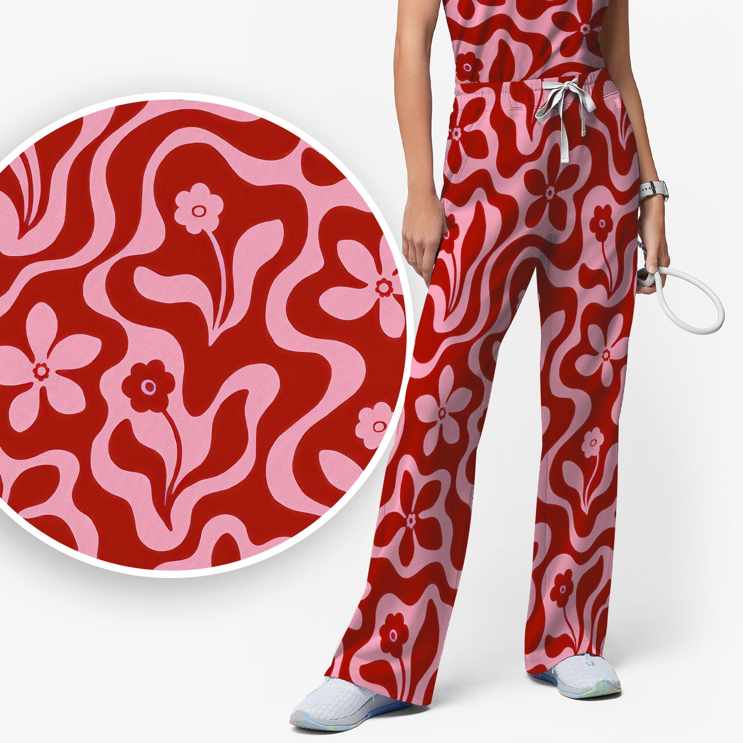 Retro Pink Floral Pattern, Groovy Medical Scrub Set, Scrub Pants and V Neck Top