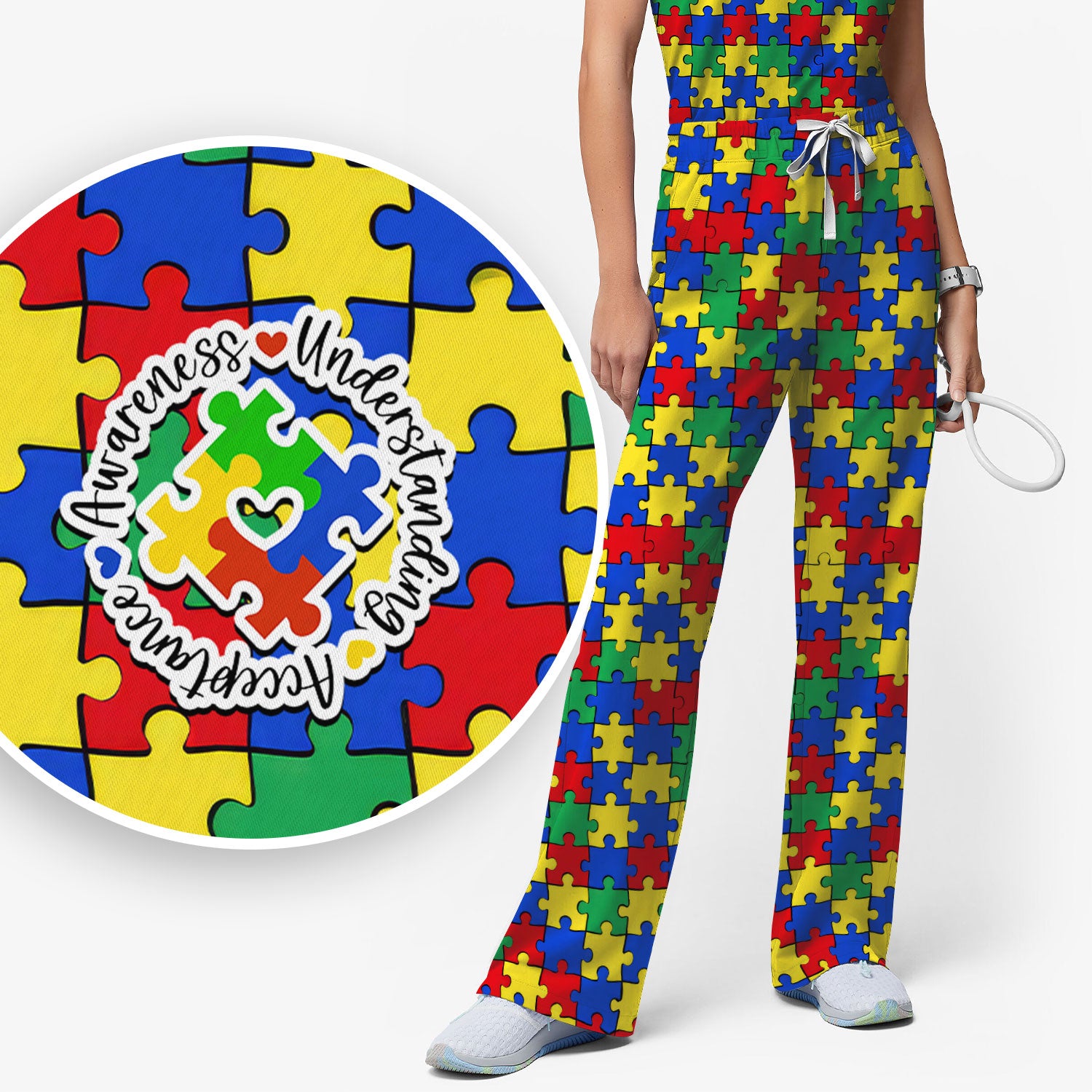 Autism Awareness Puzzle Pattern Scrub Set, Breathable Med Uniform