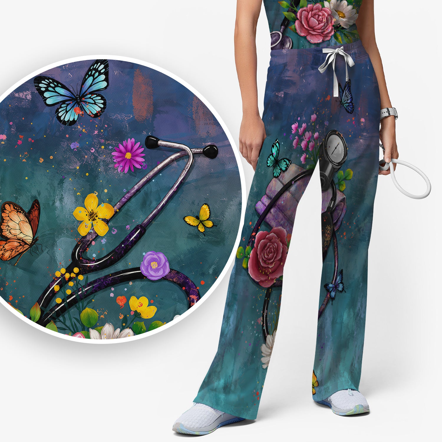 Floral Stethoscope Nurse Pattern Scrub Set, Scrub Pants and V Neck Top